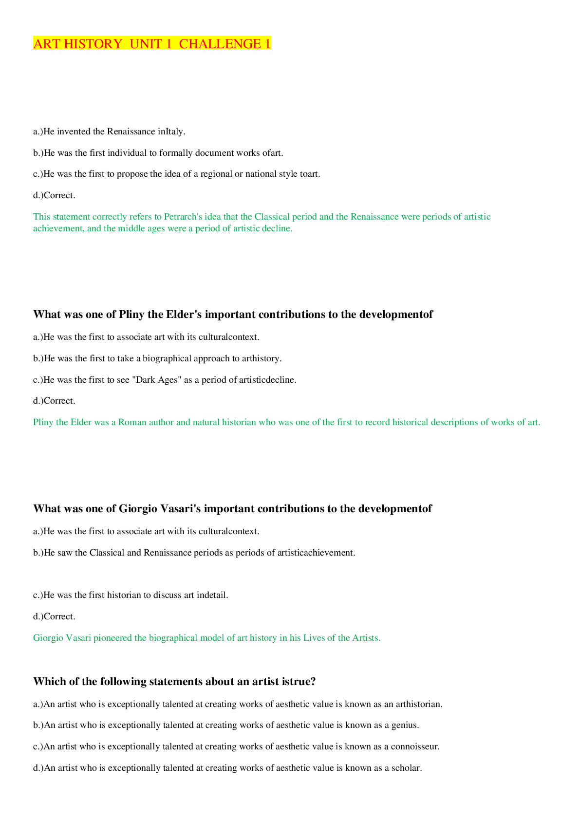 Preview image of ART HISTORY   UNIT 1   CHALLENGE 1,100% CORRECT document