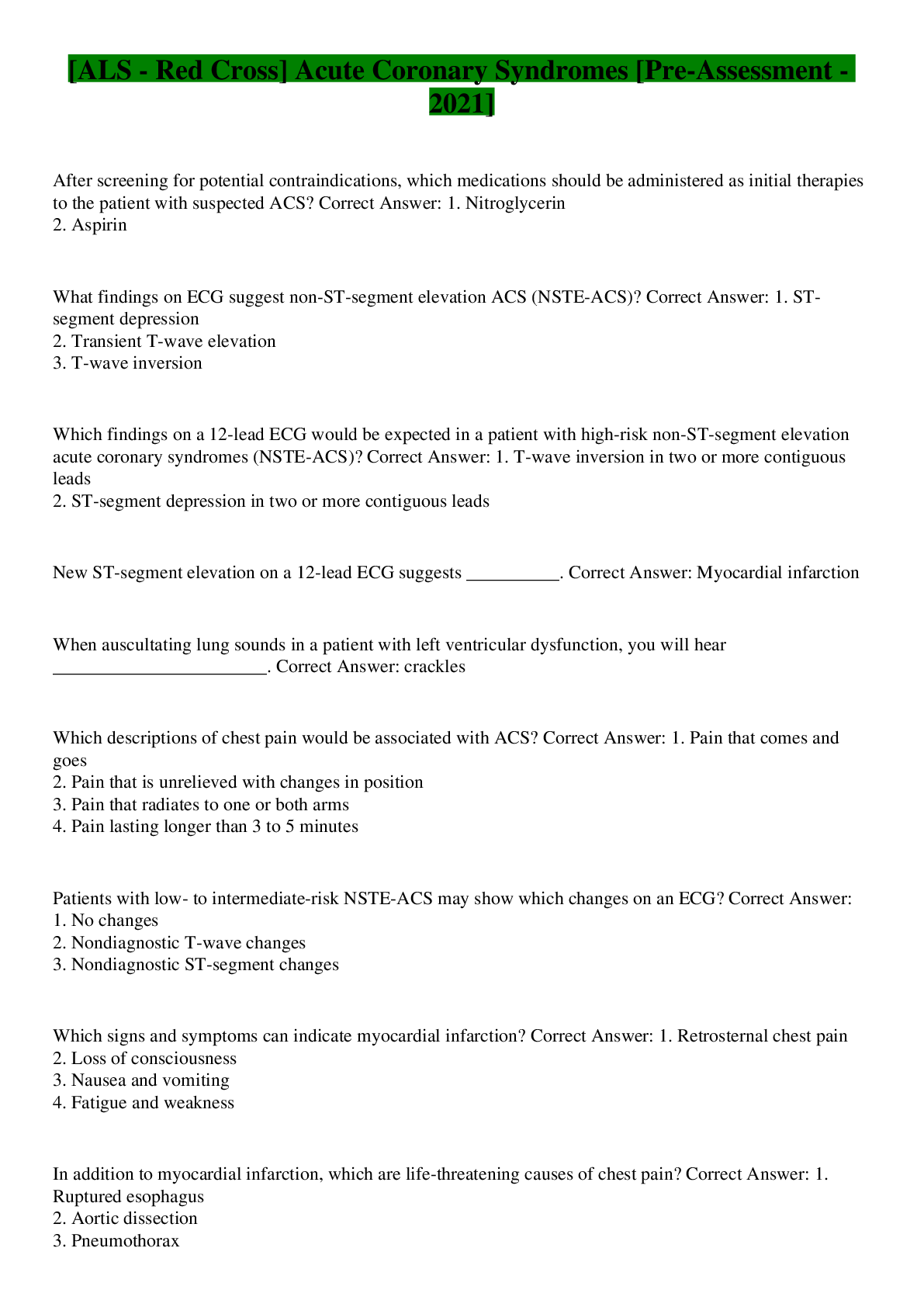 [ALS - Red Cross] Acute Coronary Syndromes [Pre-Assessment - 2022 ...