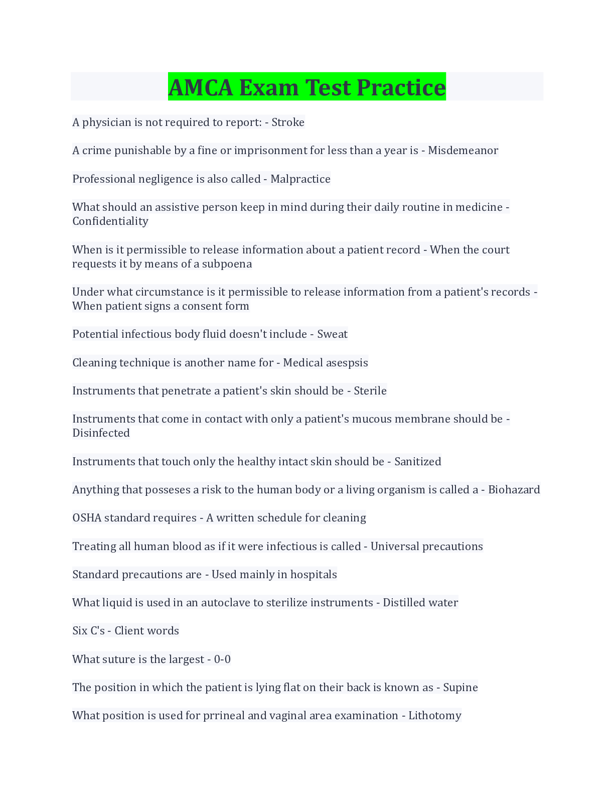 AMCA Exam Test Practice Exam Questions And Answers 100% Correct ...