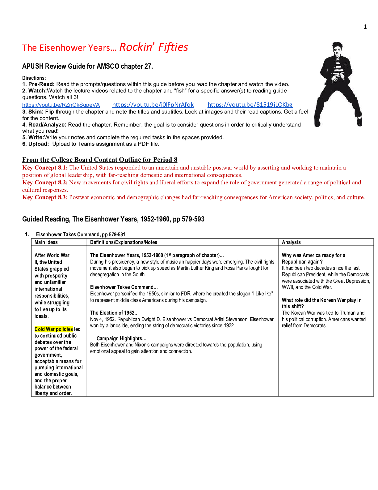 Preview image for The Eisenhower Years… Rockin’ Fifties APUSH Review Guide for AMSCO chapter 27.