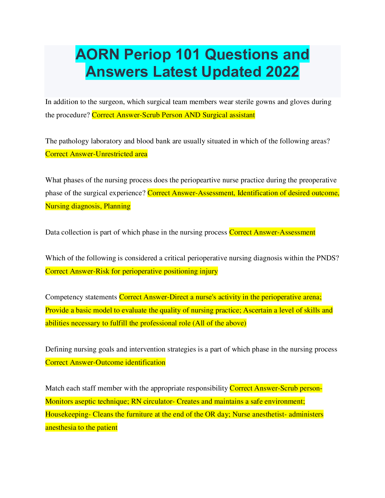 AORN Periop 101 Questions and Answers Latest Updated 2022 - Scholarfriends