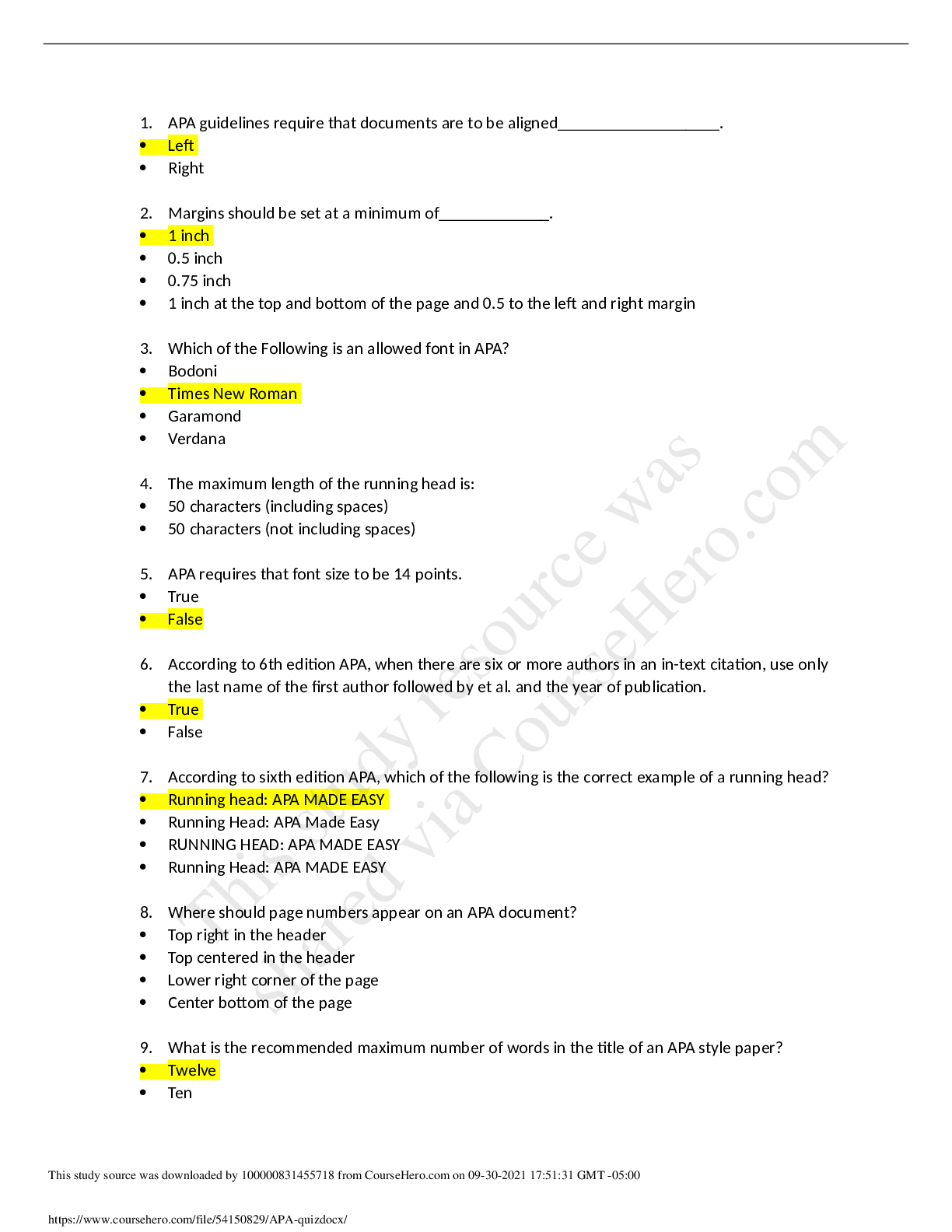 Preview image of NURS 4325 APA quiz.docx. document