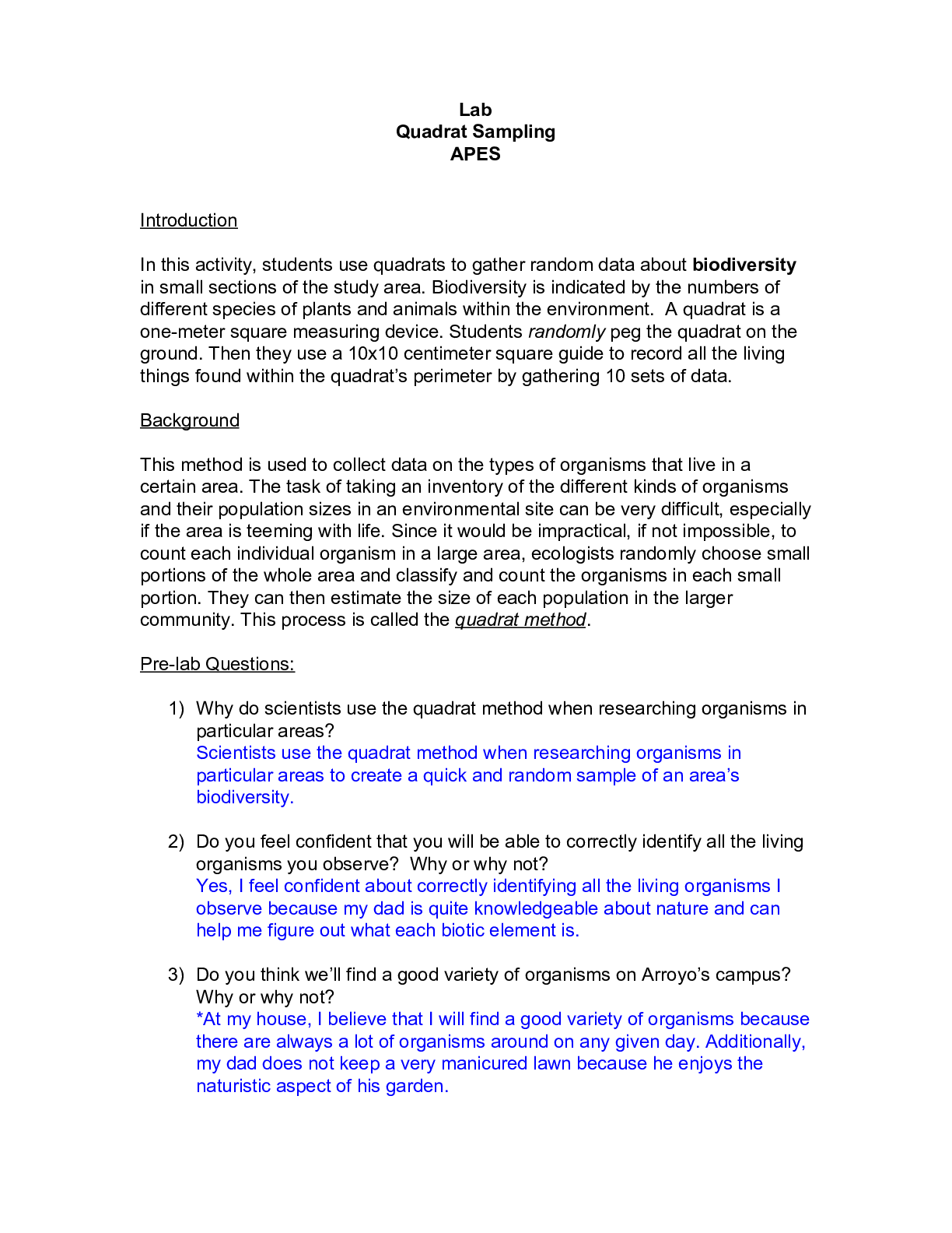 Preview image of SCIENCE 101 Quadrat Sampling Lab document