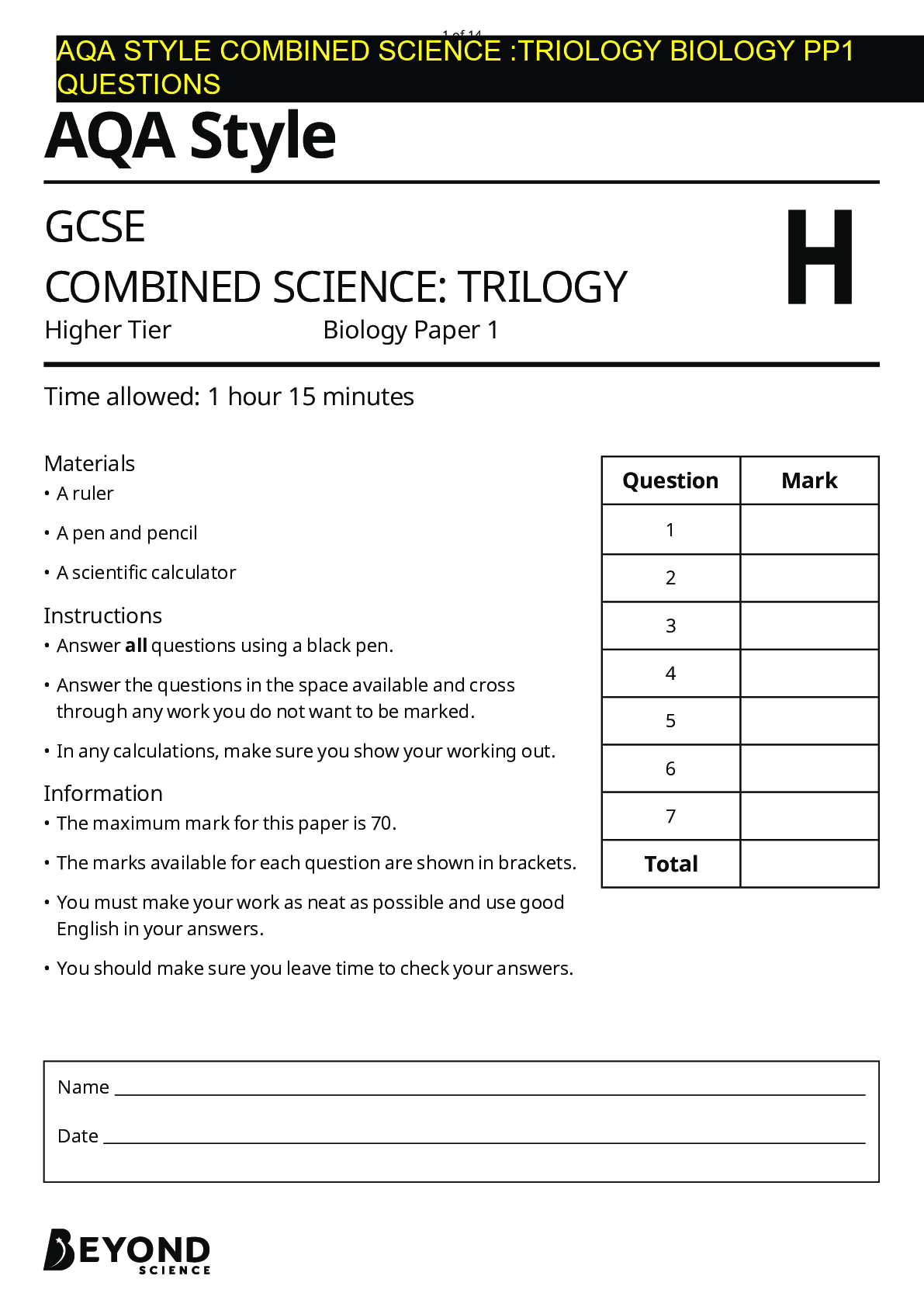 Preview image for AQA STYLE COMBINED SCIENCE :TRIOLOGY BIOLOGY PP1 QUESTIONS