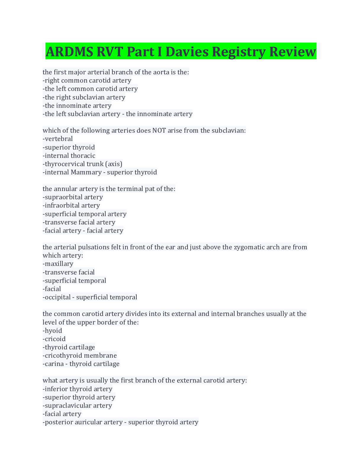 Ardms Rvt Exam Topics ARDMS RVT Part I Davies Registry Review Exam | ScholarFriends