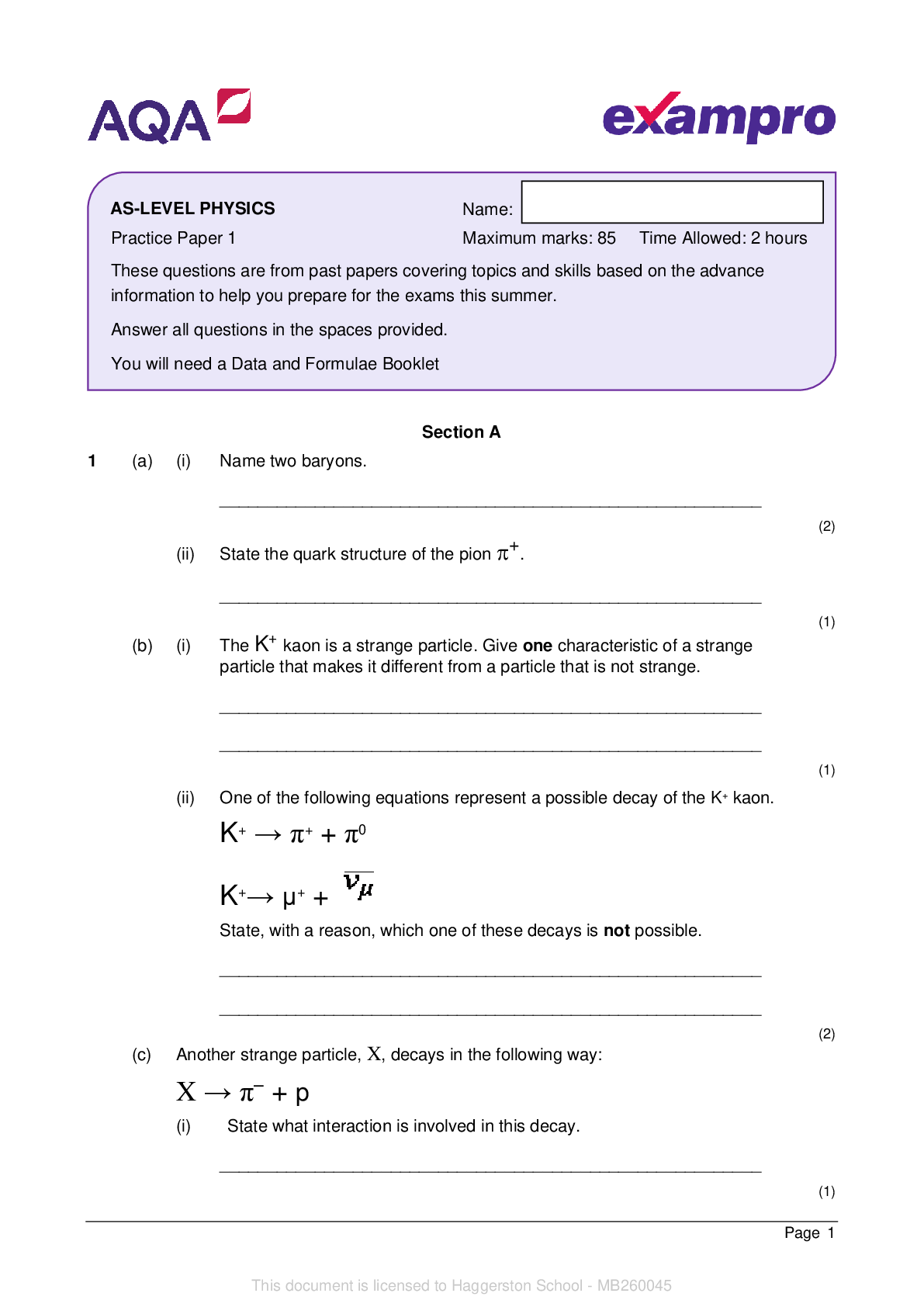 Preview of AQA_AS-LEVEL PHYSICS. Exampro. QUESTION PAPER. Practice Paper 1. Maximum marks: 85. Predic