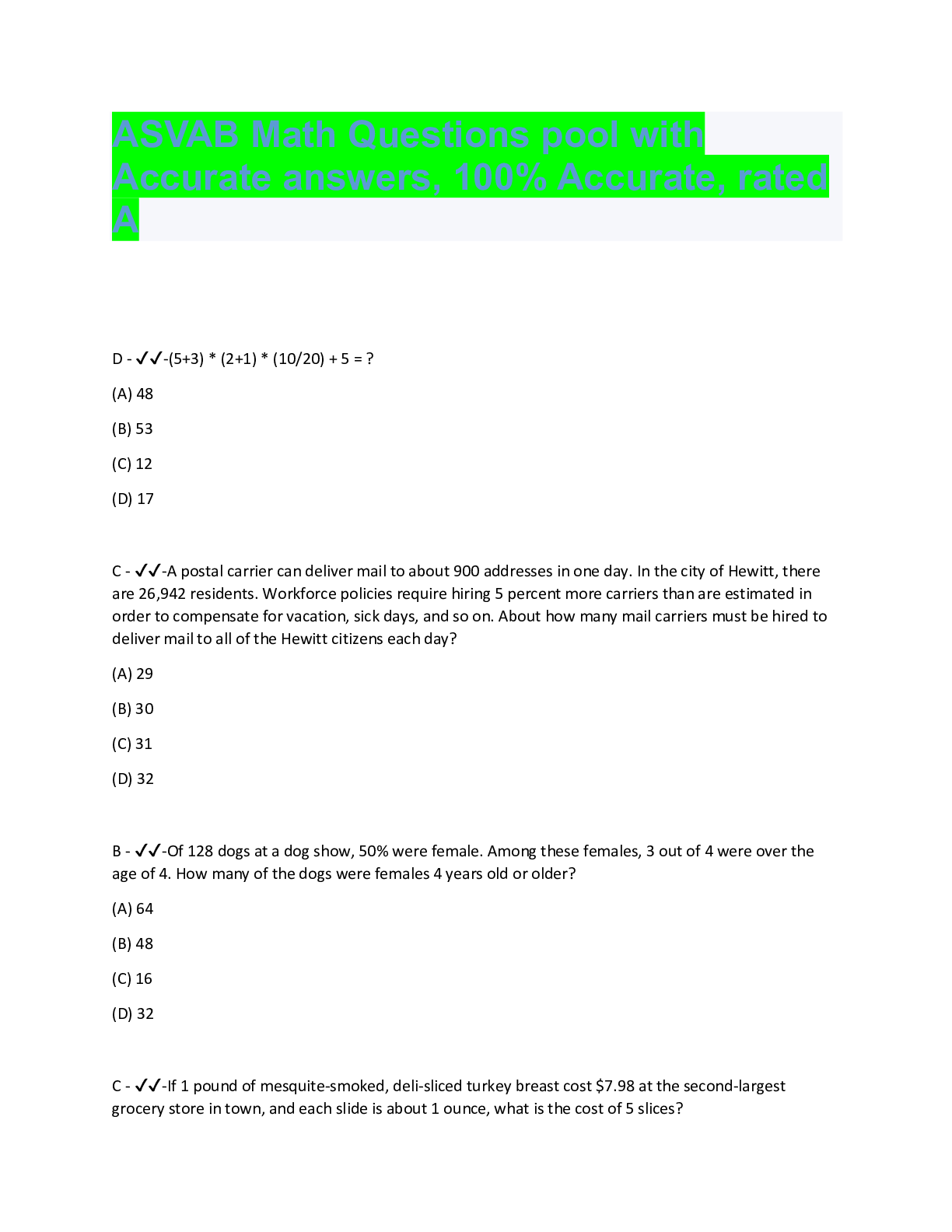 ASVAB Math Questions pool with Accurate answers, 100% Accurate, rated A ...