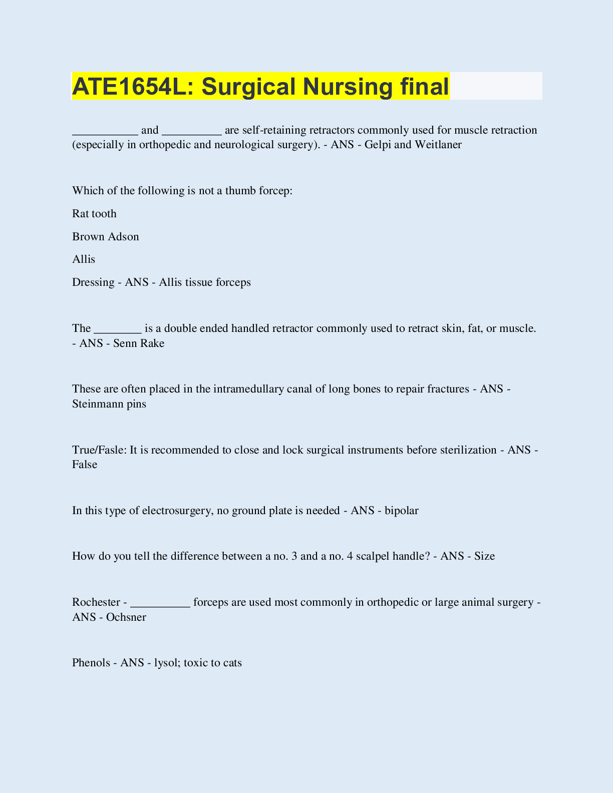 Preview image for ATE1654L: Surgical Nursing final | 50 Questions with 100% Correct Answers | Updated & Verified