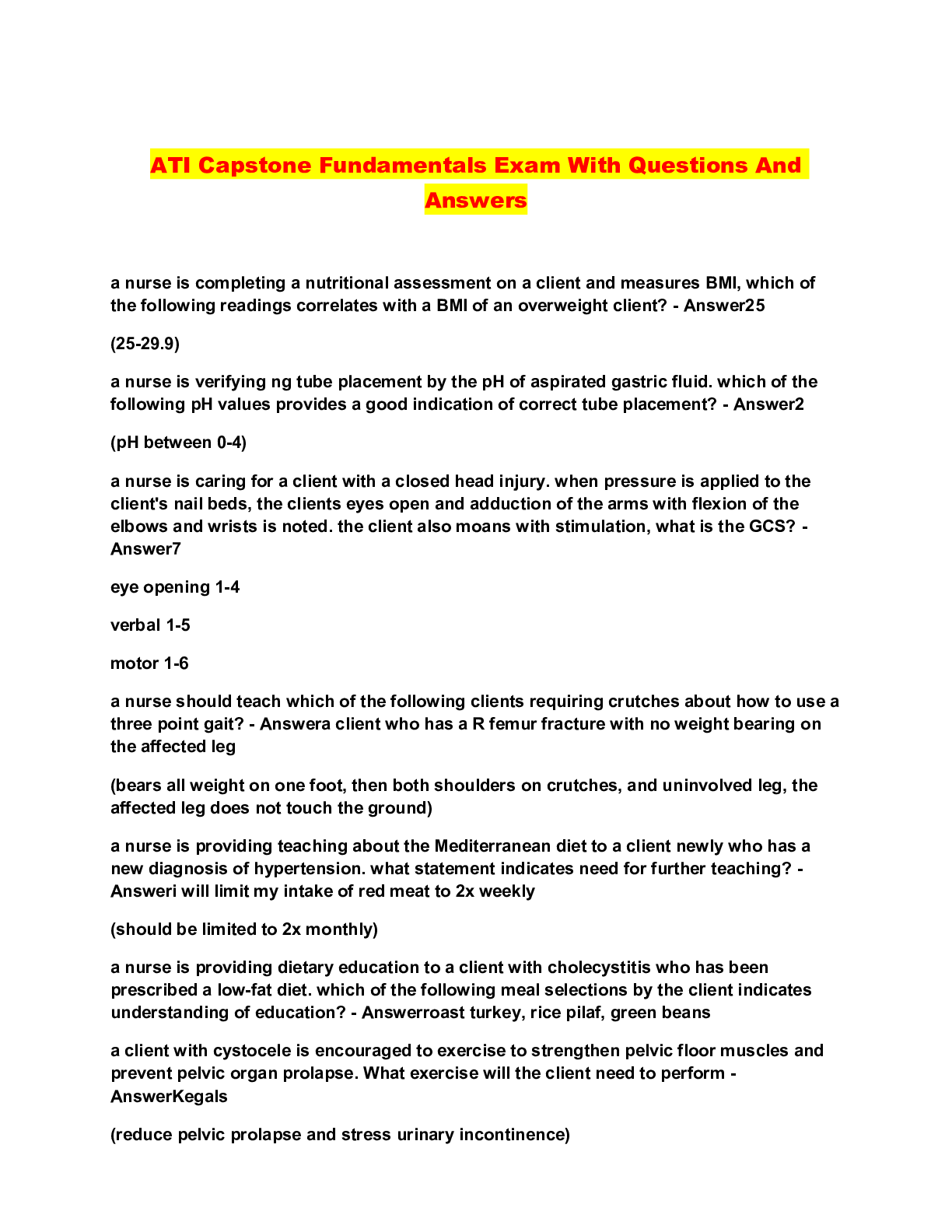 ATI Capstone Fundamentals Exam With Questions And Answers - Scholarfriends