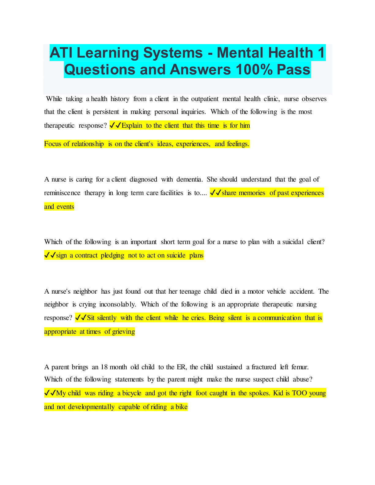 ATI Learning Systems - Mental Health 1 Questions and Answers 100% Pa ...