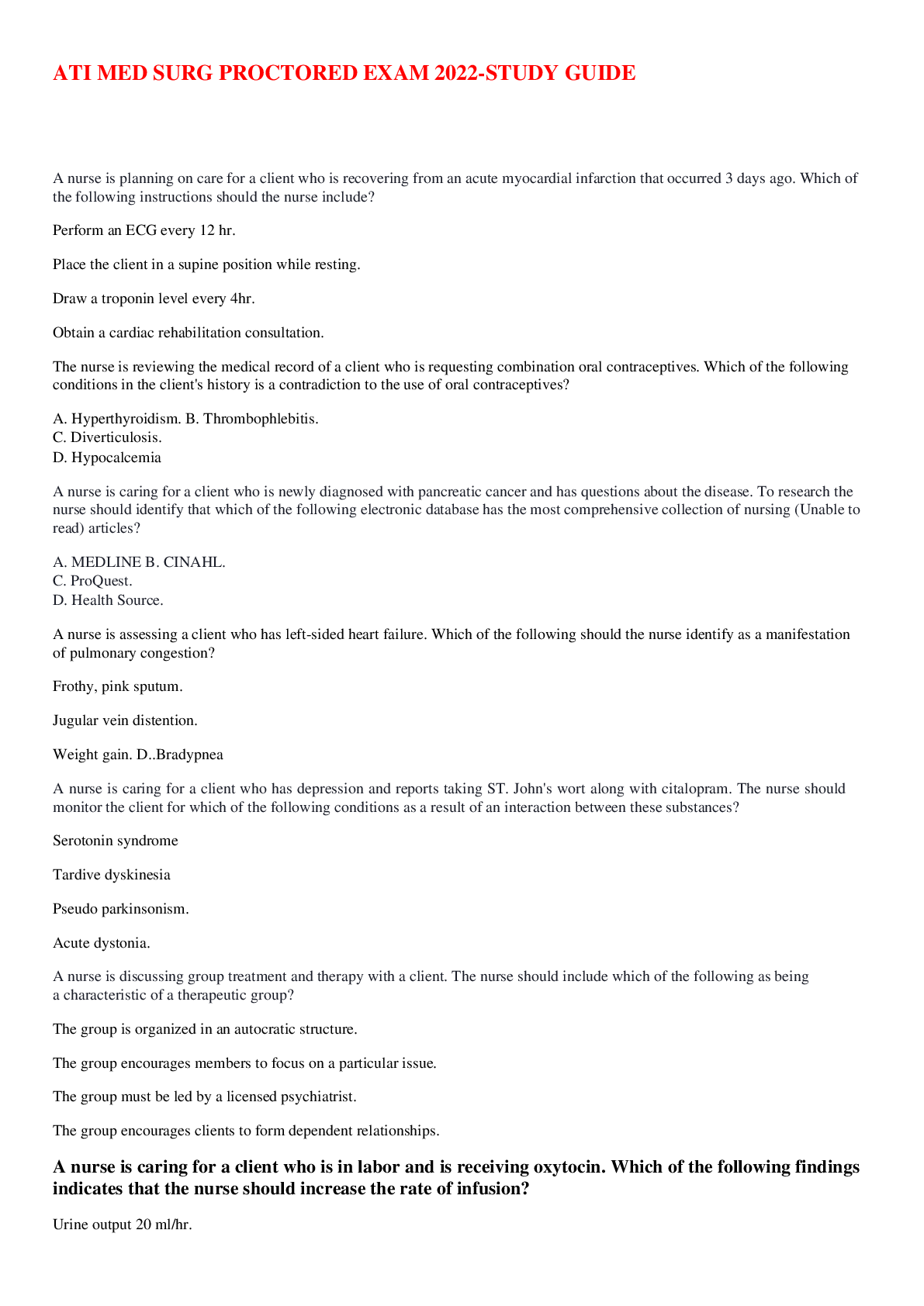 ATI MED SURG PROCTORED EXAM 2022-,STUDY GUIDE - Scholarfriends