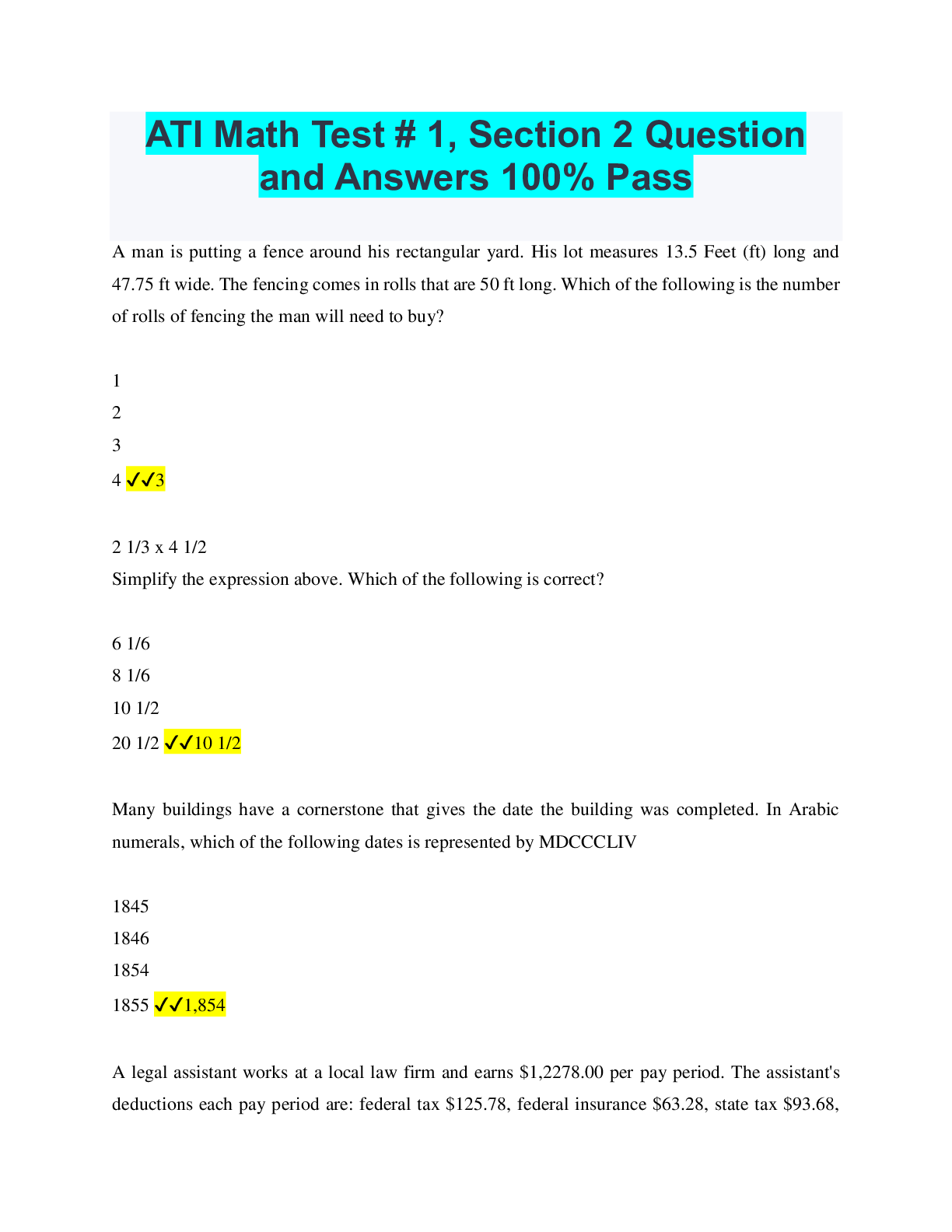 ATI Math Test # 1, Section 2 Question and Answers 100% Pass ...
