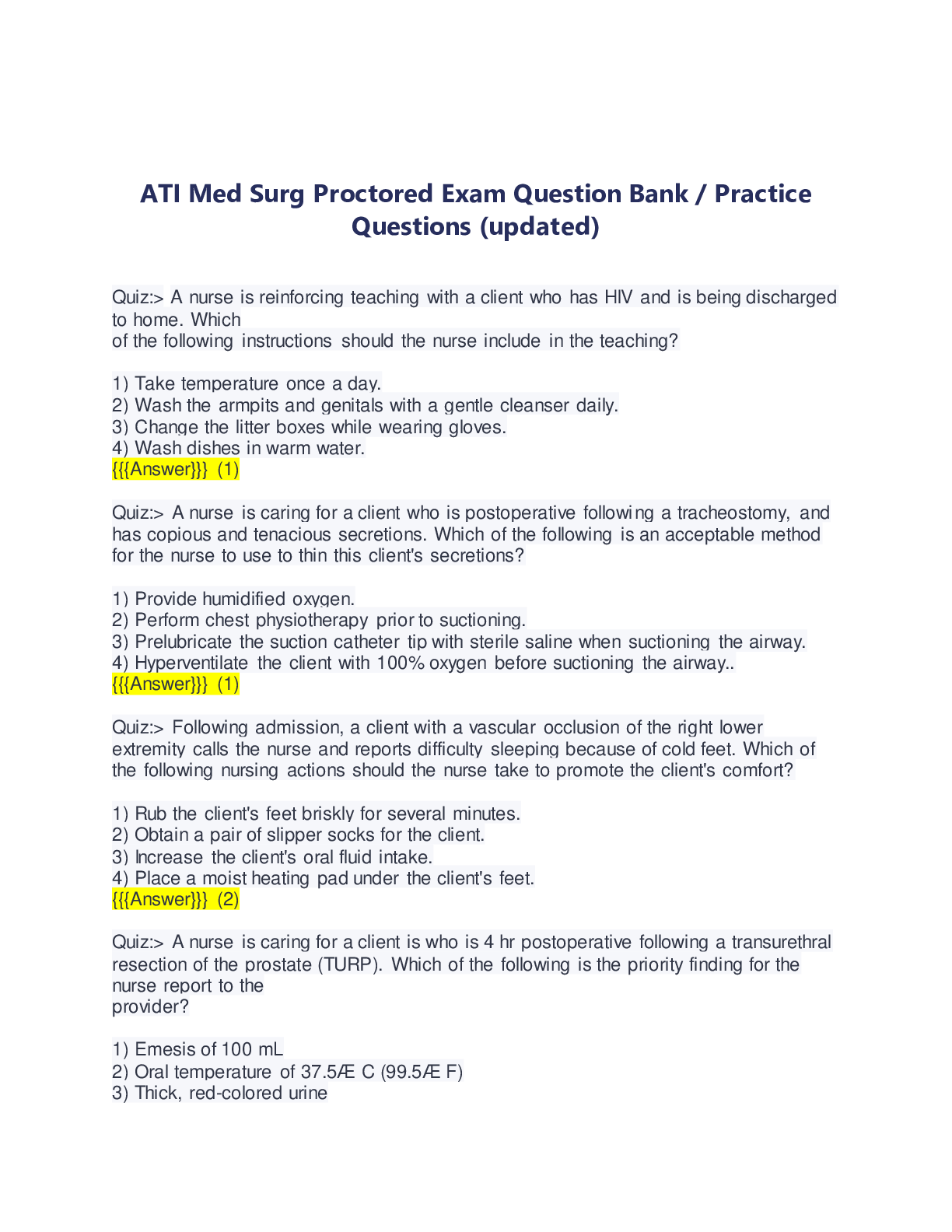 ATI Med Surg Proctored Exam Question Bank / Practice Questions (upda ...
