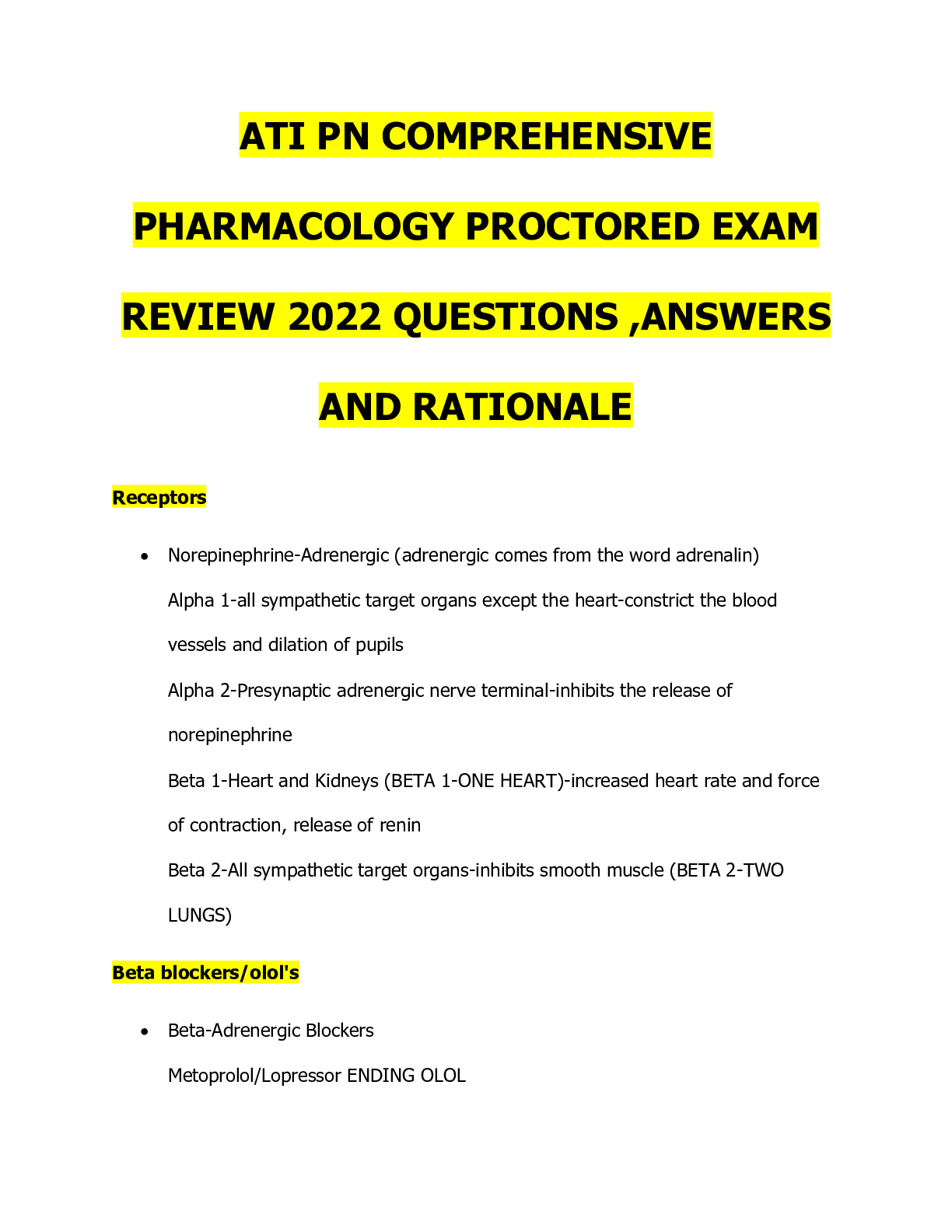 ATI PN COMPREHENSIVE PHARMACOLOGY PROCTORED EXAM REVIEW 2022 QUESTIO ...