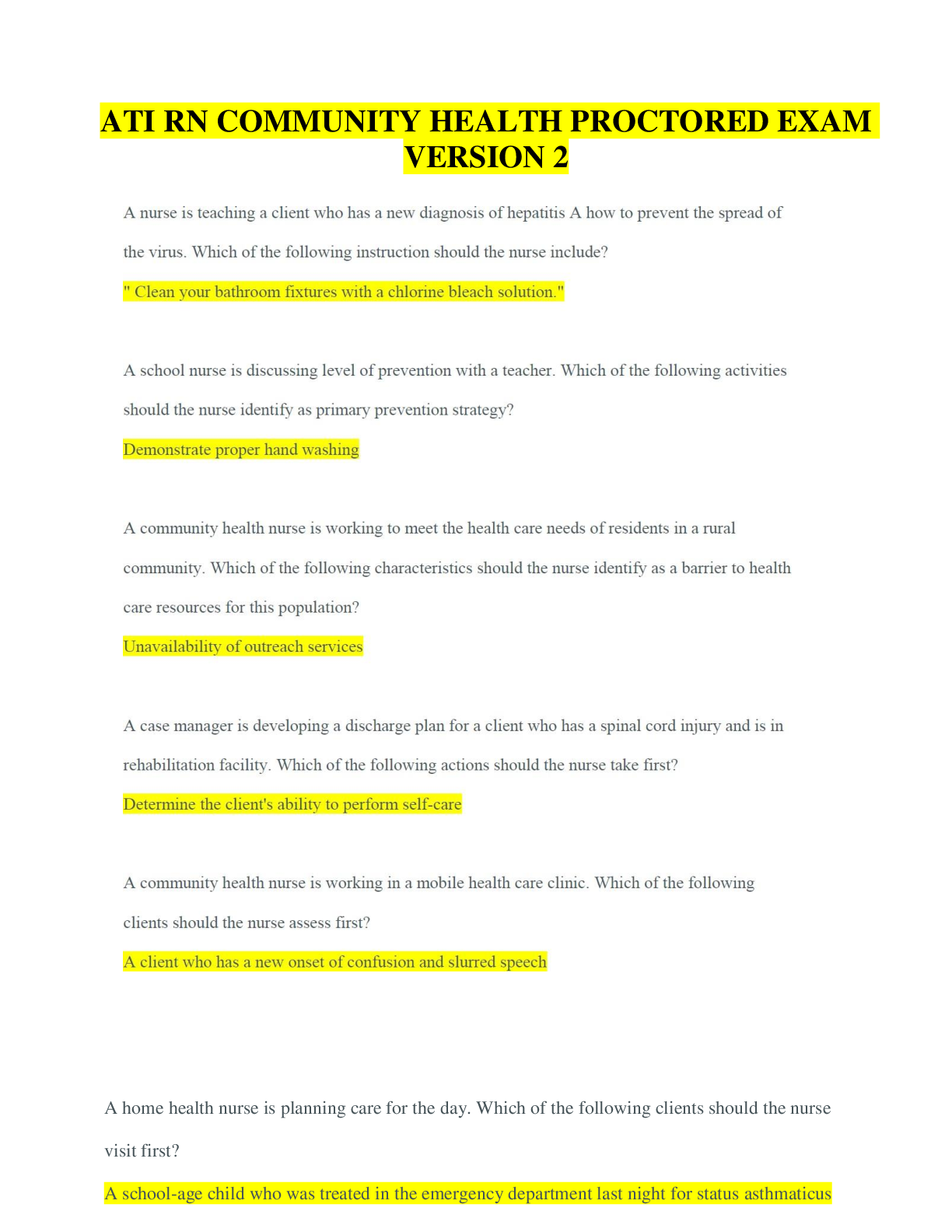 ATI RN Community Health Proctored Exam Version 2 Complete Questions ...