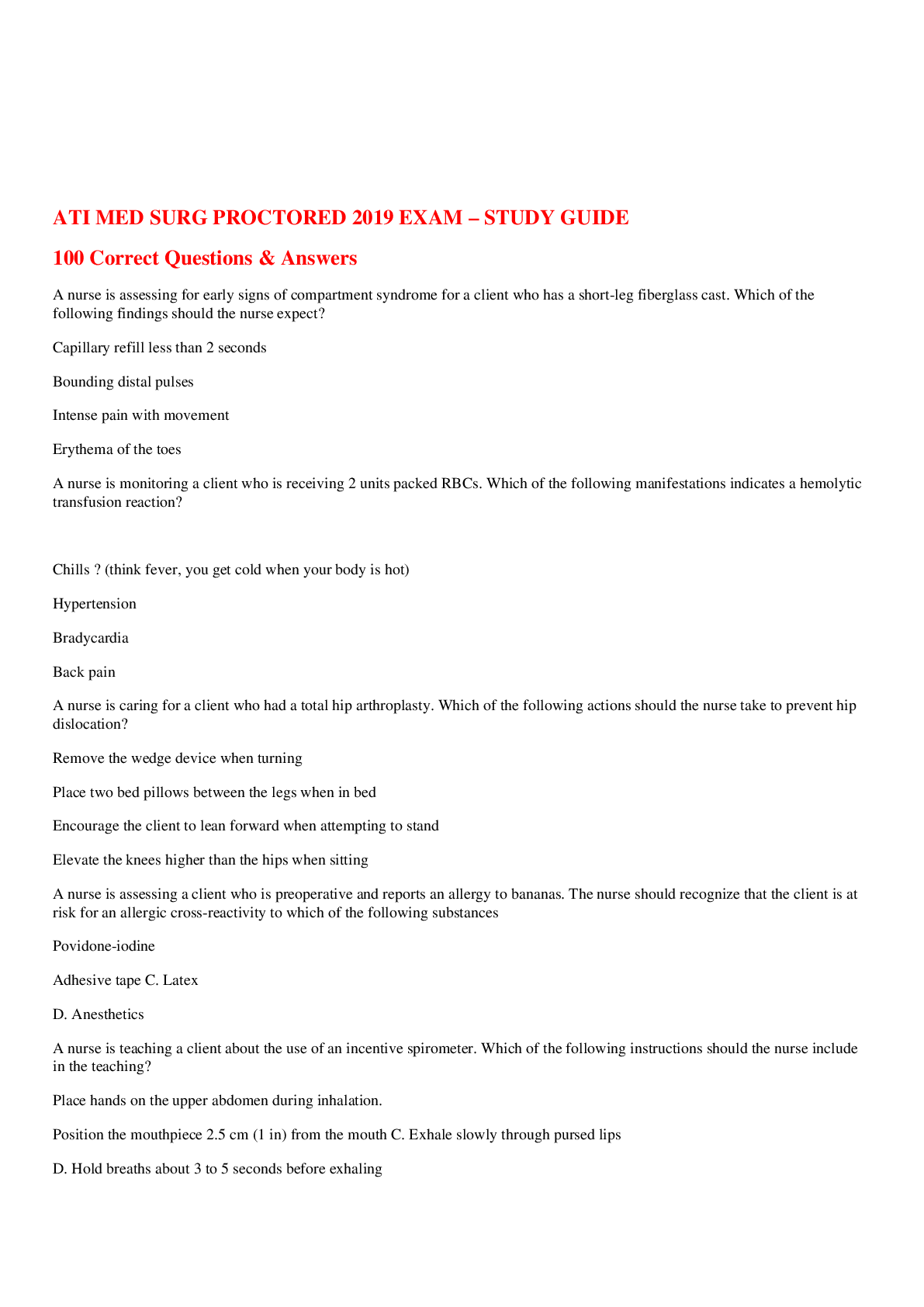ATI MED SURG PROCTORED 2019 EXAM – STUDY GUIDE 100 Correct Questions ...