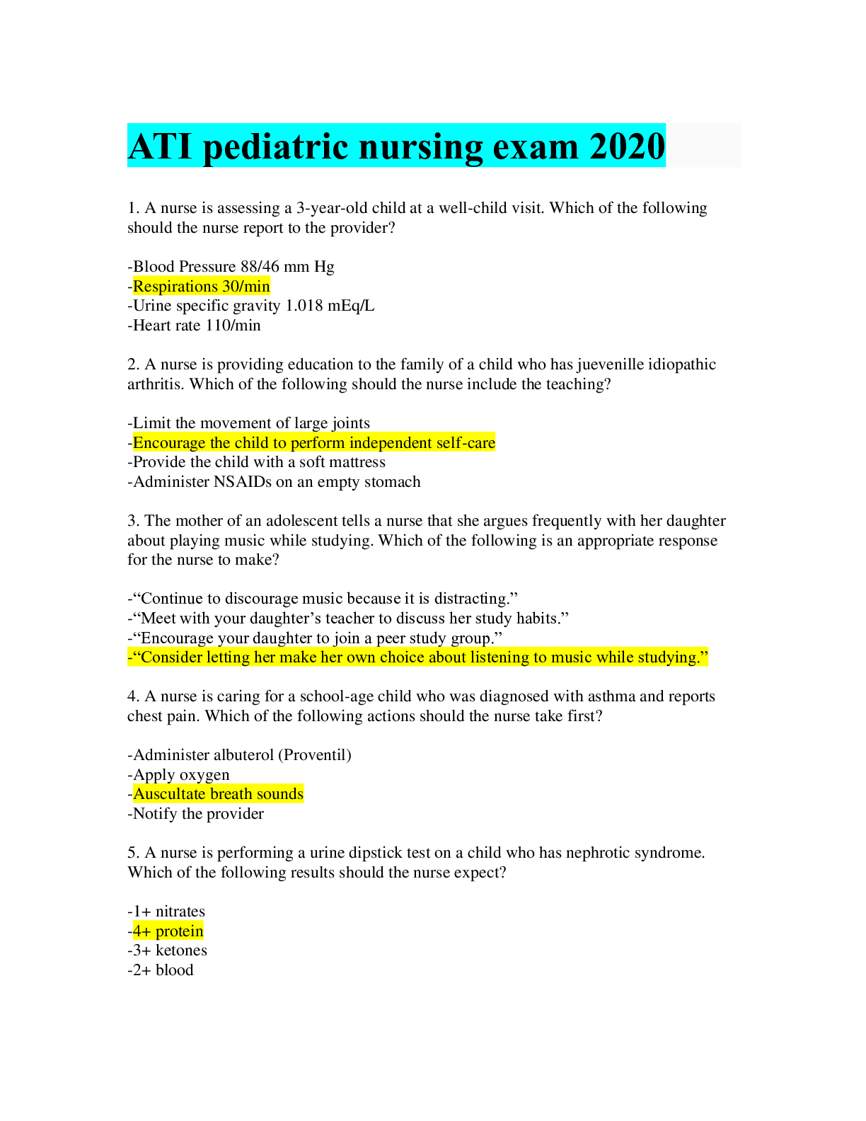 Preview of ATI-2020.2021-Paediatric Nursing Exam- 58 Questions & Awnsers|100% Correct-Top Graded| Ped