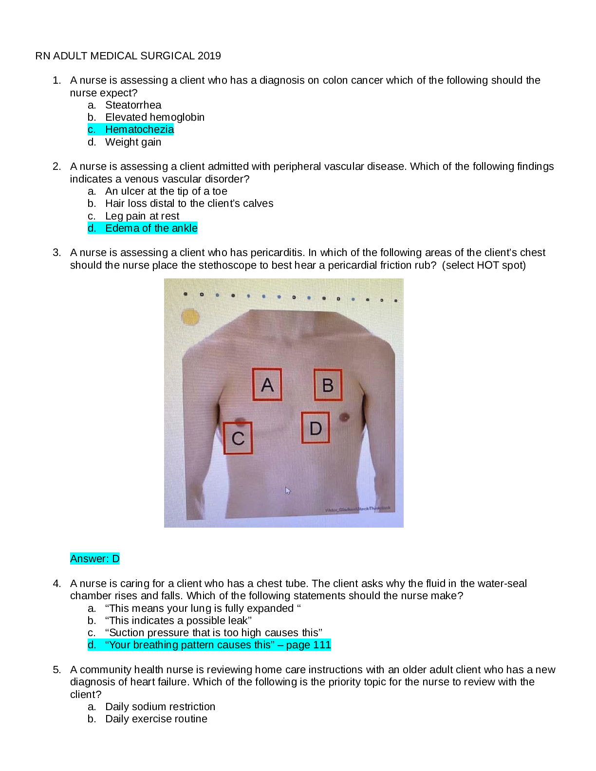 Preview of RN ADULT MEDICAL SURGICAL 2019 134 CORRECT QUESTIONS AND ANSWERS