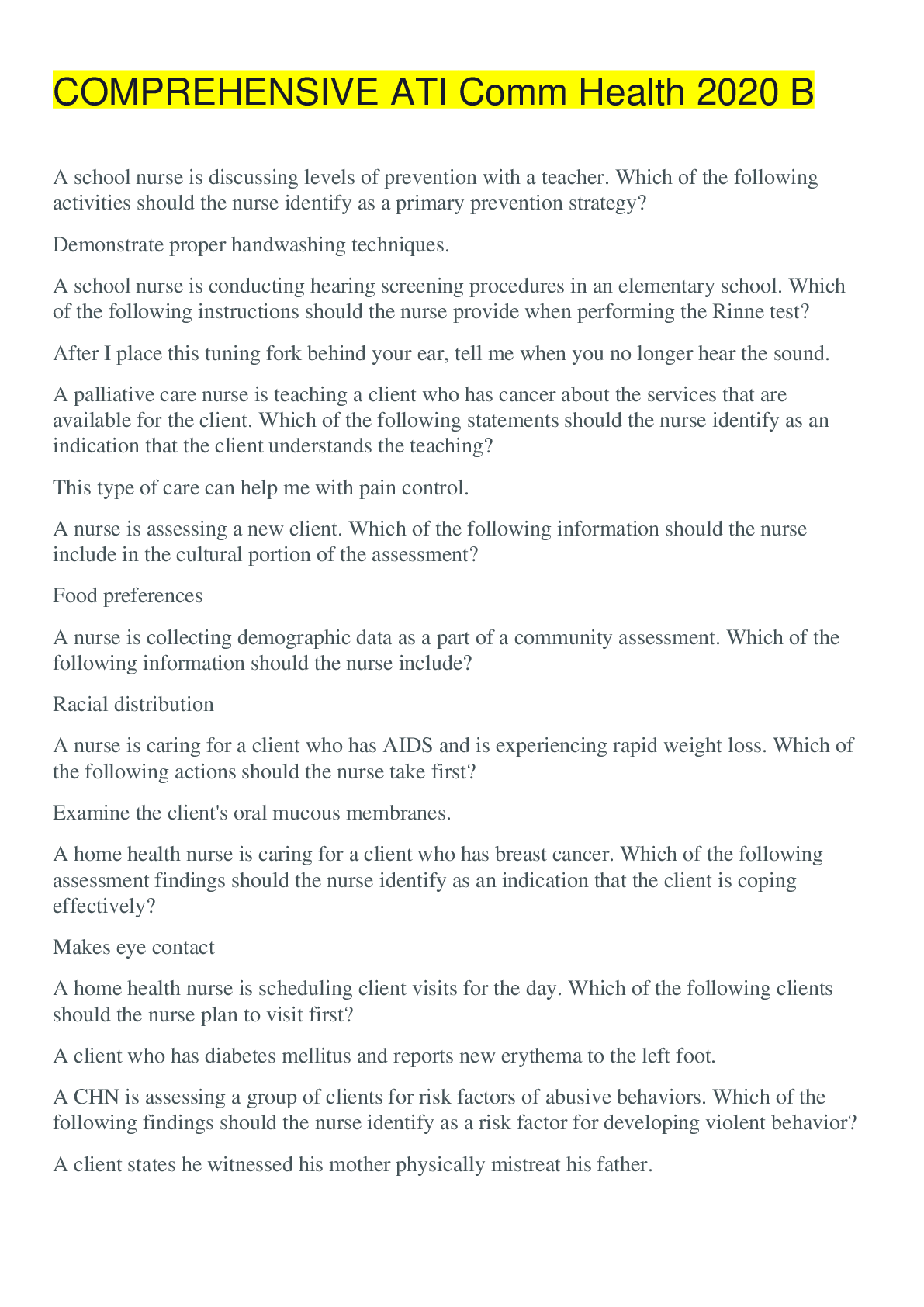 Preview image of COMPREHENSIVE ATI Comm Health 2020 B,100% CORRECT document