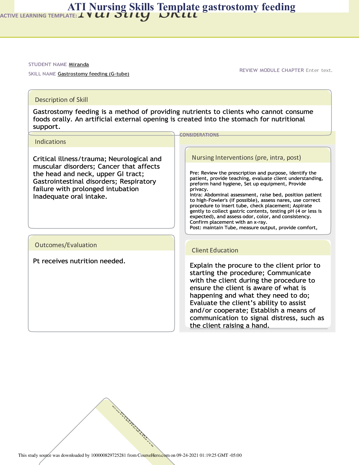 Preview of ATI Nursing Skills Template gastrostomy feeding (answered)