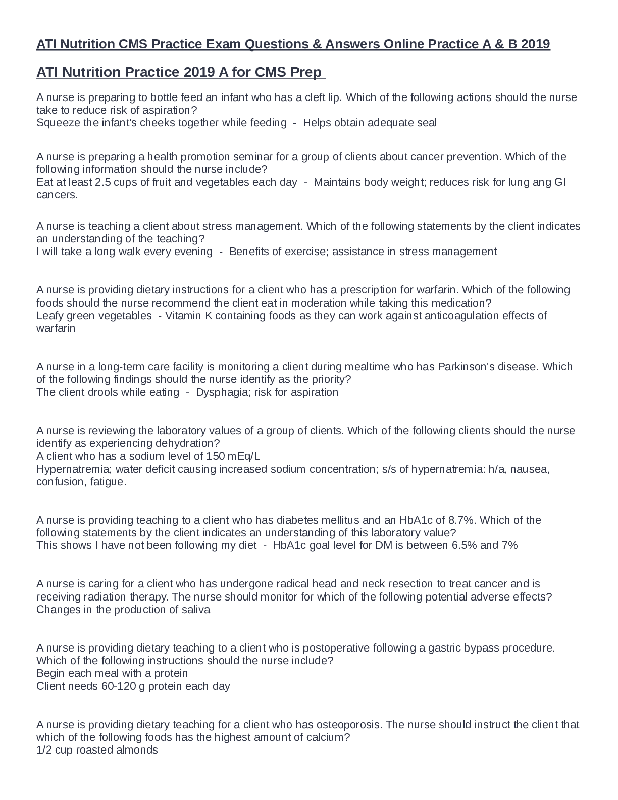 Preview image for ATI Nutrition CMS Practice Exam Questions & Answers Online Practice A & B 2019 ATI Nutrition