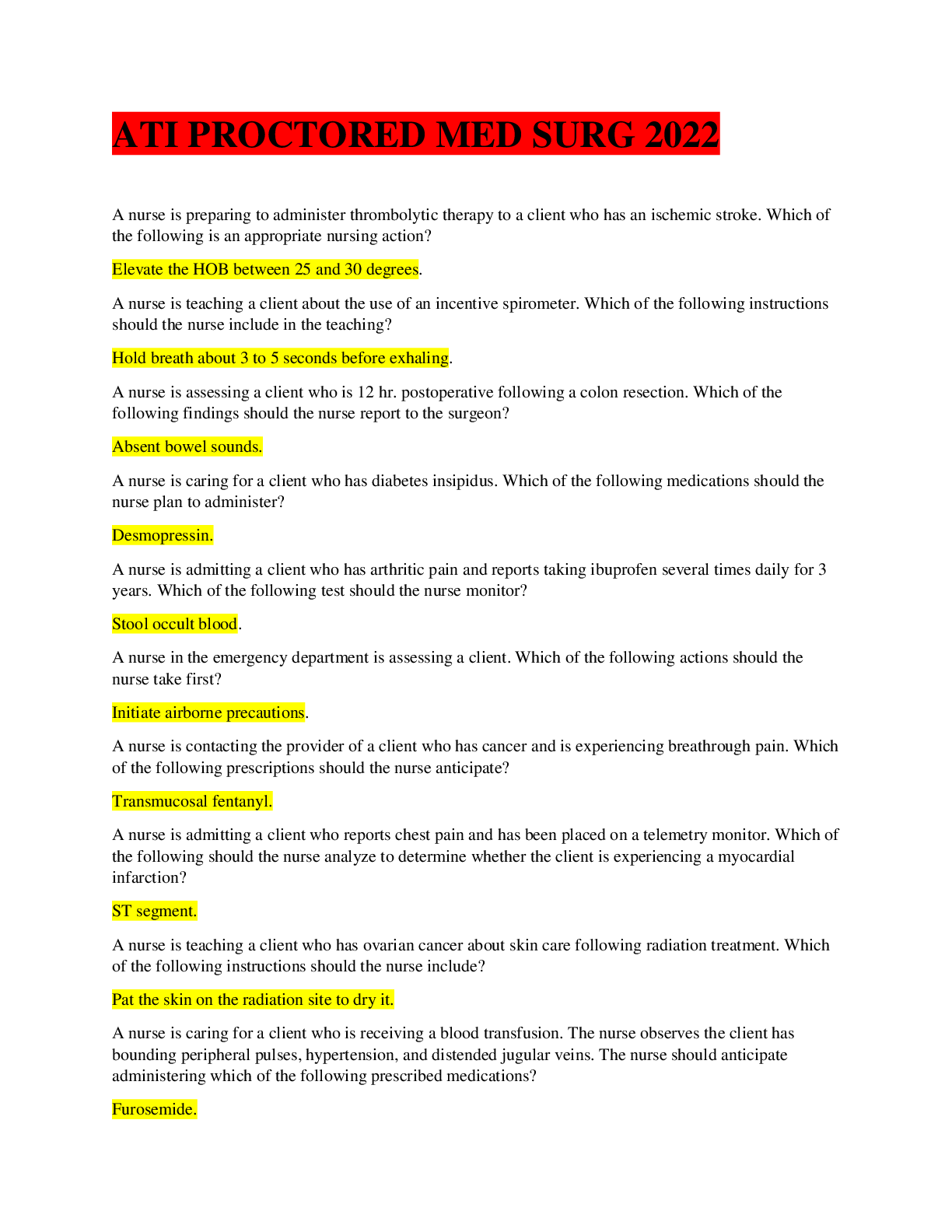 Preview image of ATI PROCTORED MED SURG 2022 document