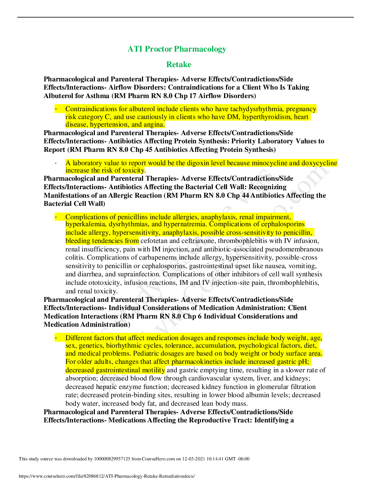 Preview of ATI Proctor Pharmacology Retake (GRADED A) Questions and Answers | 100% VERIFIED.