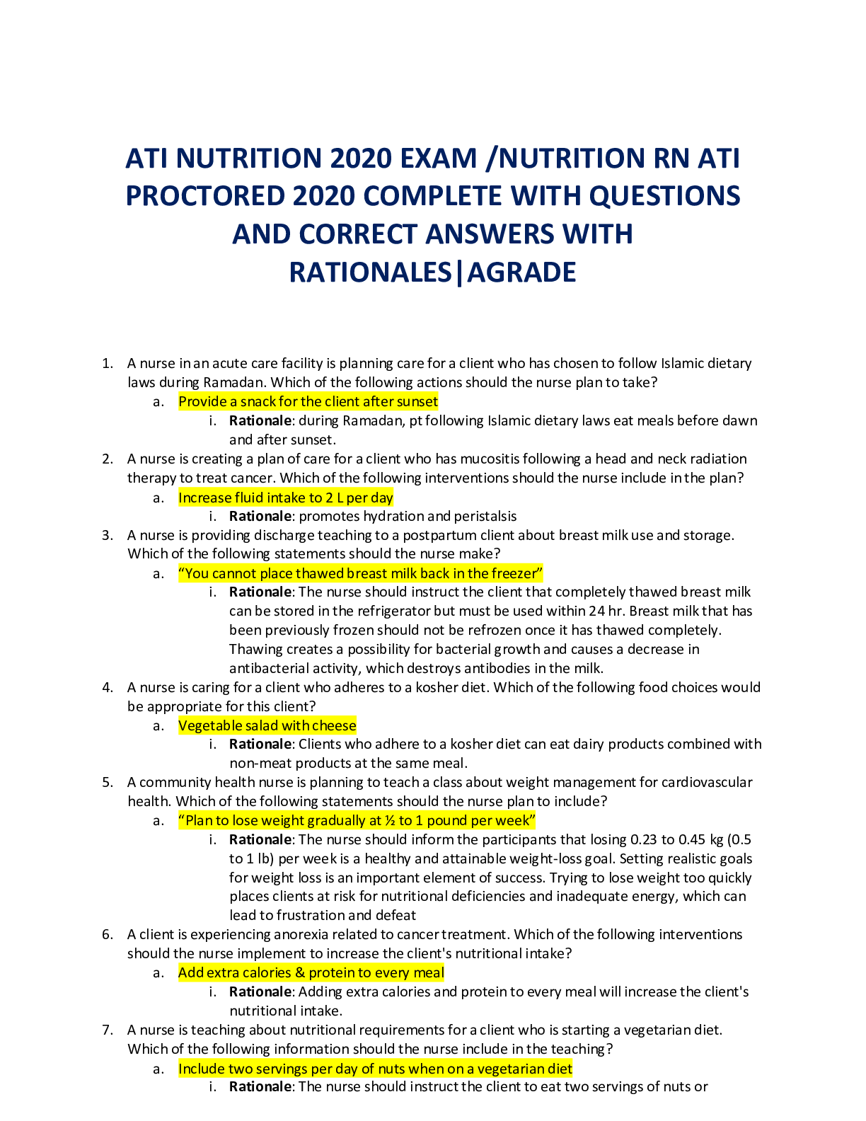 Preview image for ATI NUTRITION 2020 EXAM /NUTRITION RN ATI PROCTORED 2020 COMPLETE WITH QUESTIONS AND CORRECT ANSWERS WITH RATIONALES|AGRADE