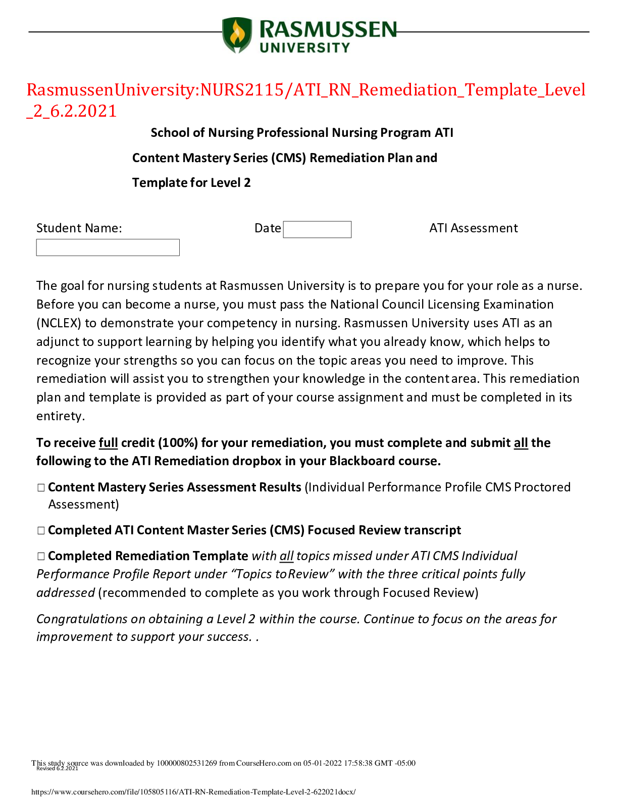 Preview of RasmussenUniversity:NURS2115/ATI_RN_Remediation_Template_Level_2_6.2.2021,100% CORRECT