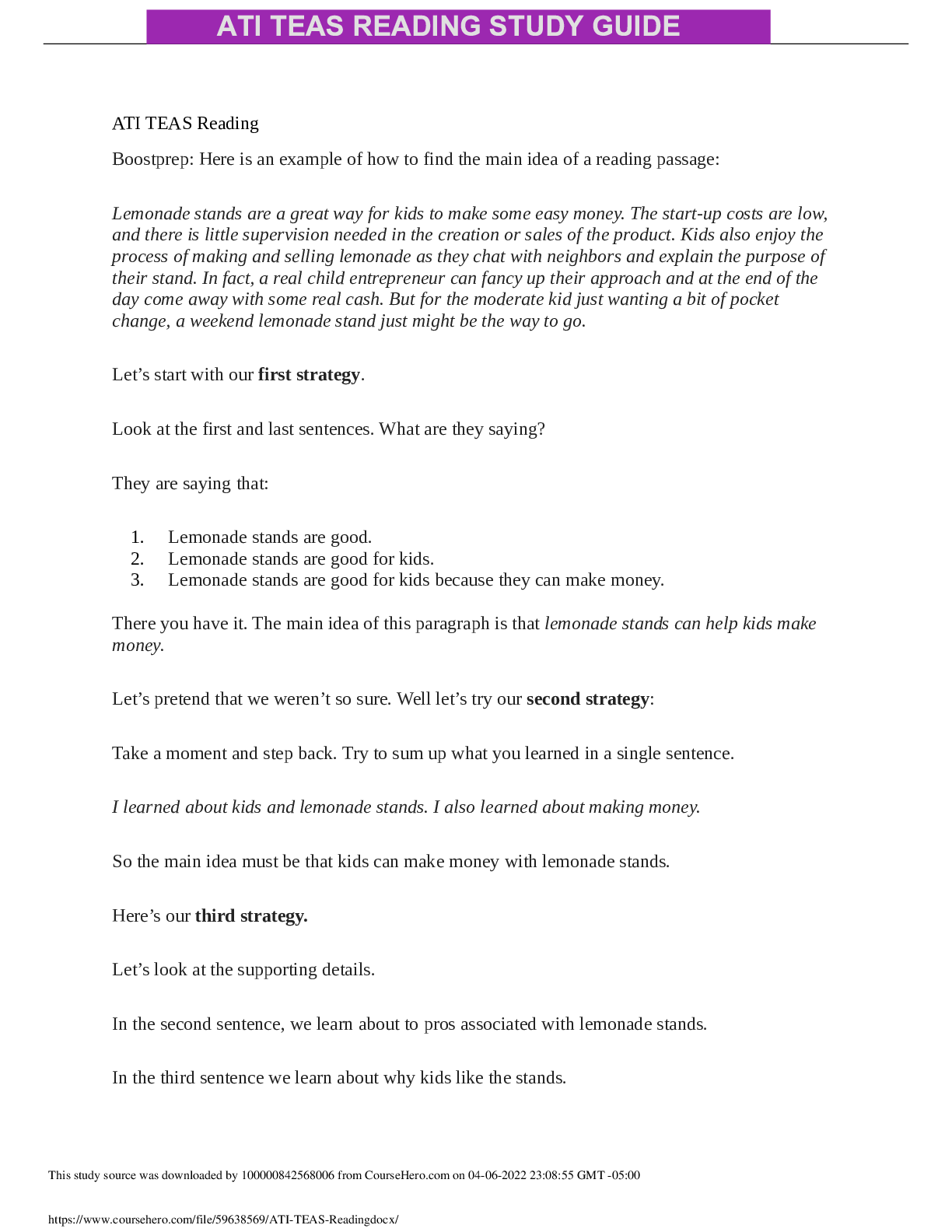 Preview image of ATI TEAS READING STUDY GUIDE document