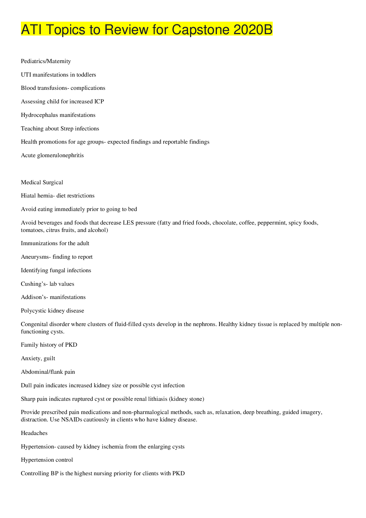 Preview image of ATI Topics to Review for Capstone 2020B,100% CORRECT document