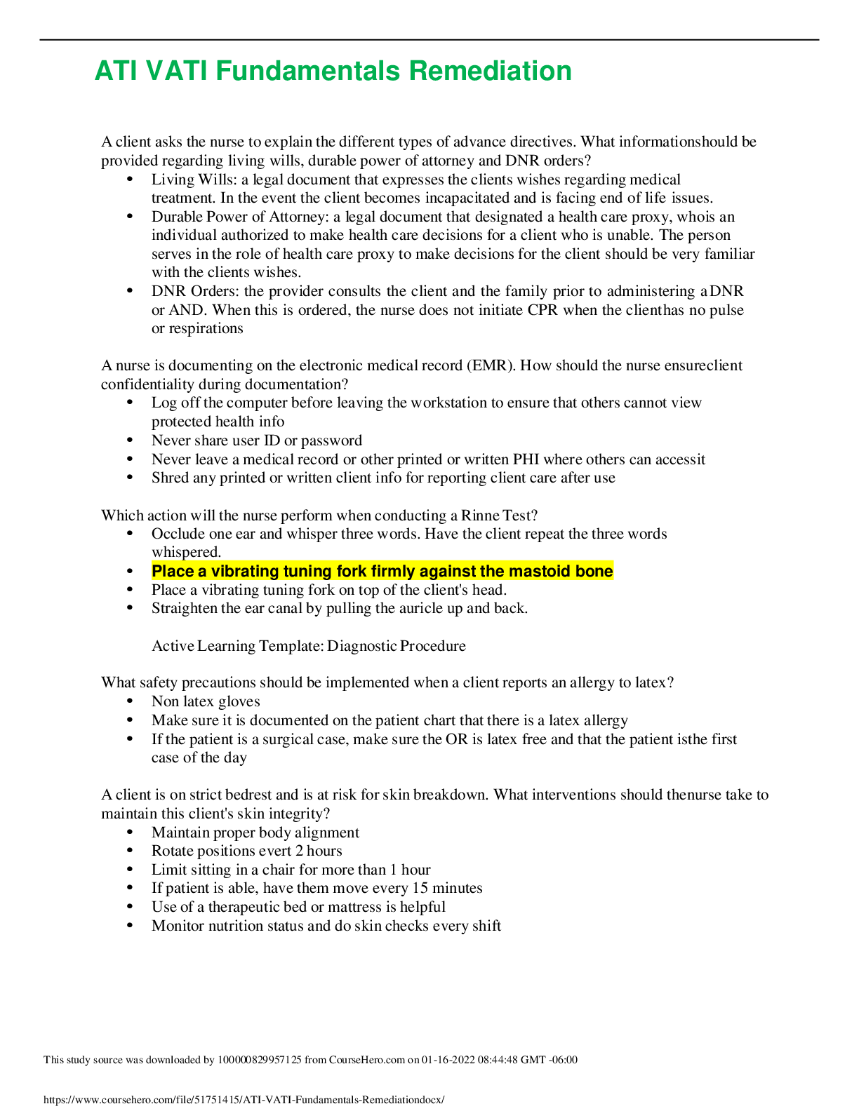 Preview of ATI VATI Fundamentals Remediation (GRADED A) Questions and Answers | 100% Corrrect