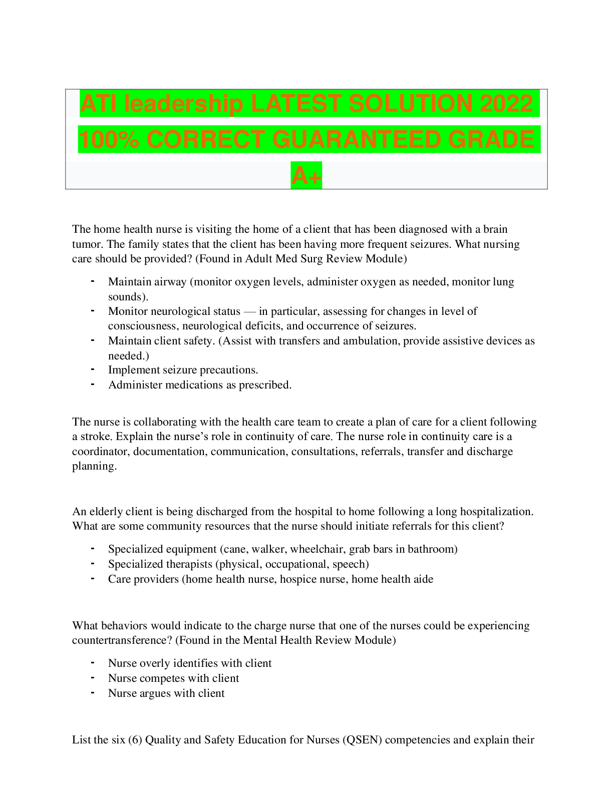 Recommended document preview for ATI leadership LATEST SOLUTION 2022 100% CORRECT GUARANTEED GRADE A+