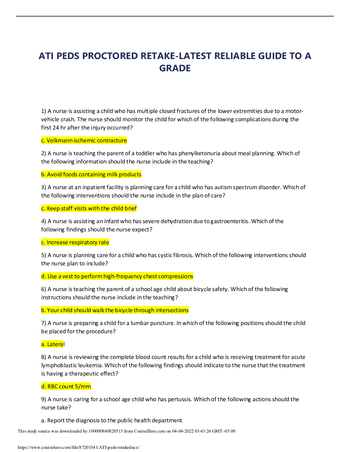 Preview of ATI PEDS PROCTORED RETAKE-LATEST RELIABLE GUIDE TO A GRADE