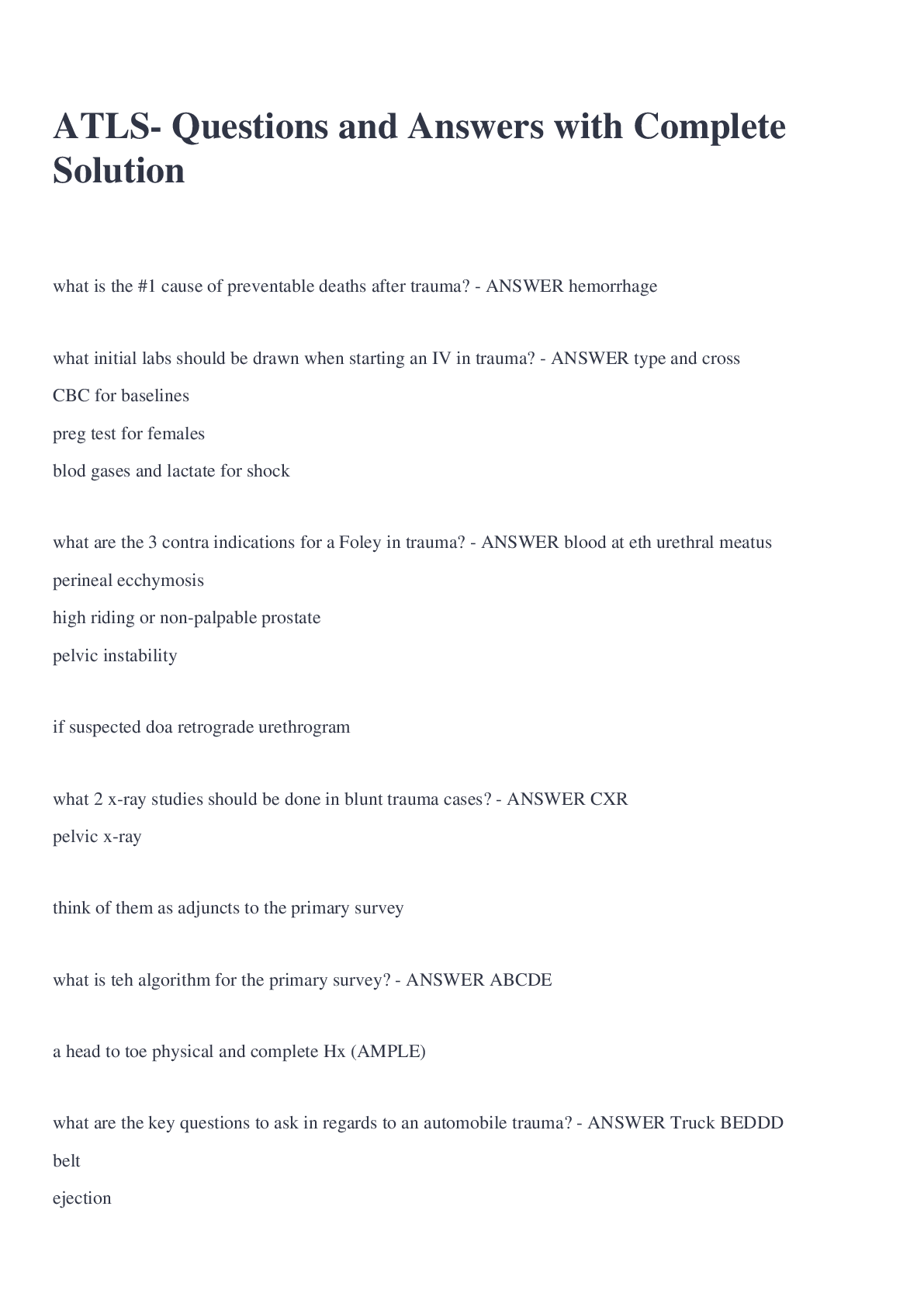 Preview image of ATLS- Questions and Answers with Complete Solution document
