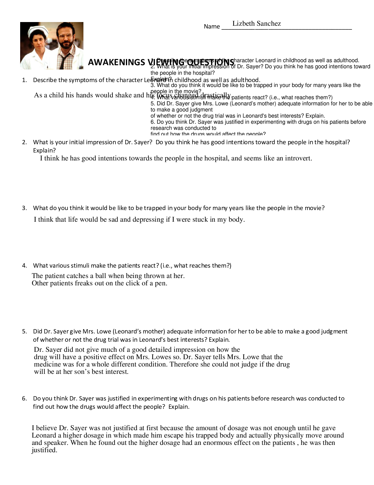 Preview image for AWAKENINGS VIEWING QUESTIONS 1. Describe the symptoms of the character Leonard in childhood as well as adulthood.