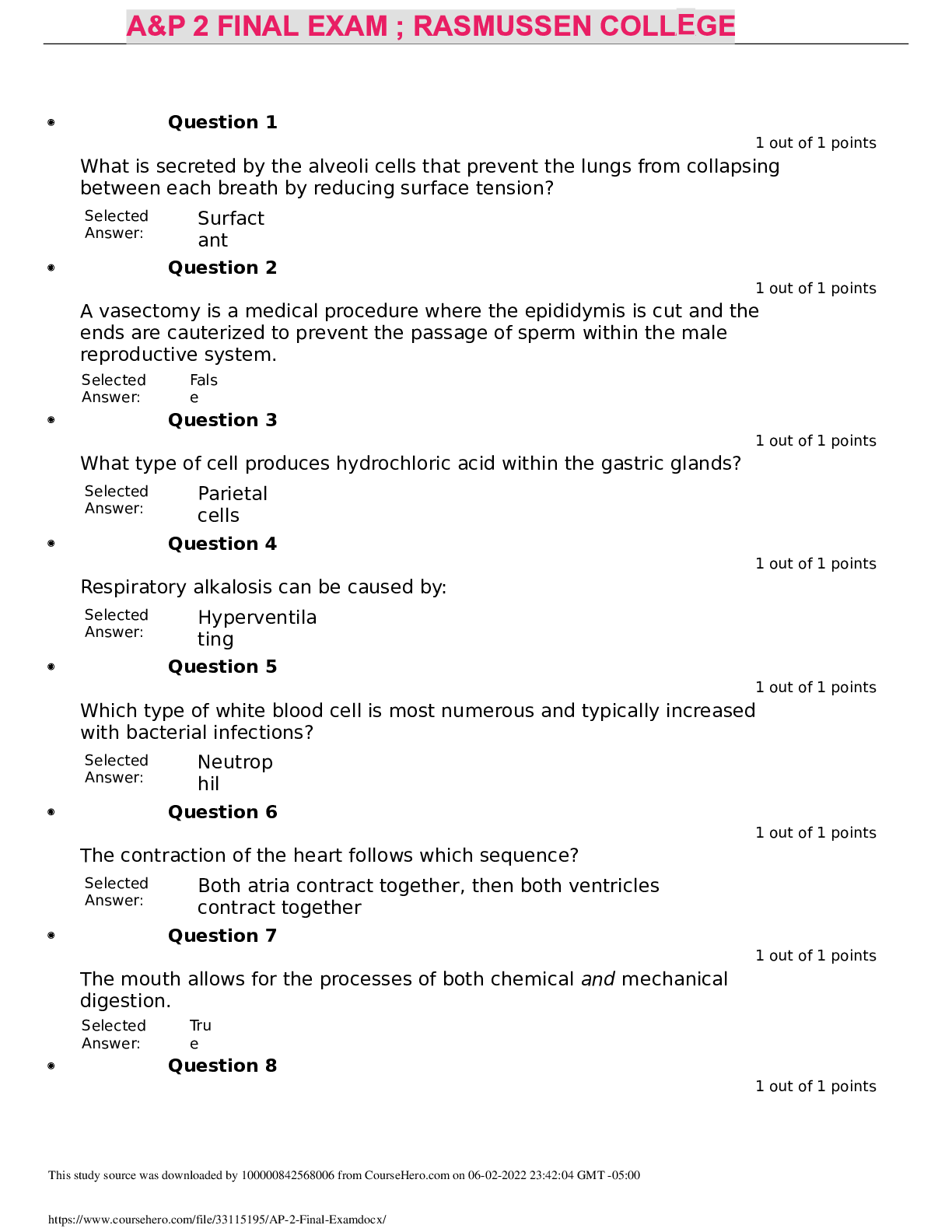 Preview image of A&P 2 FINAL EXAM ; RASMUSSEN COLLEGE document