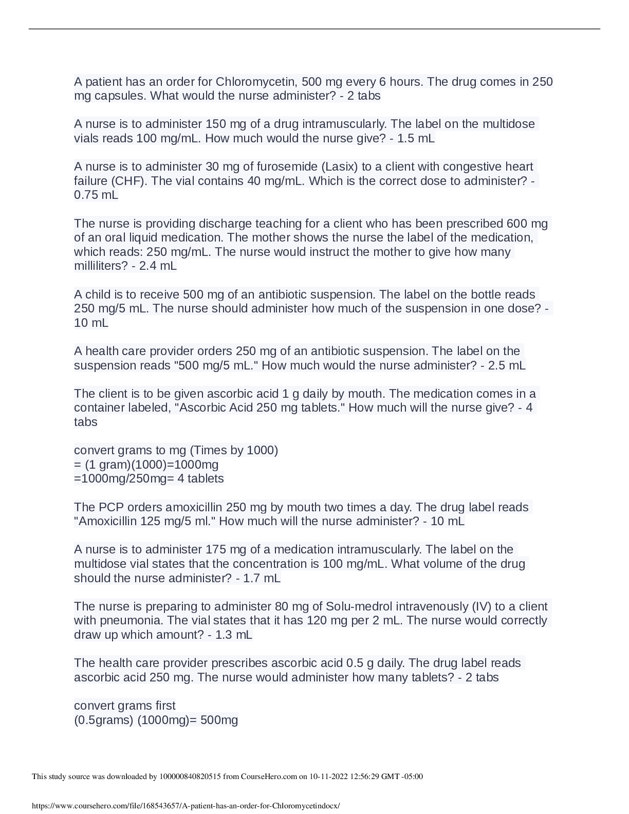 Preview image for Dosage Calculation Practice 2022/2023 All Answered Correctly.