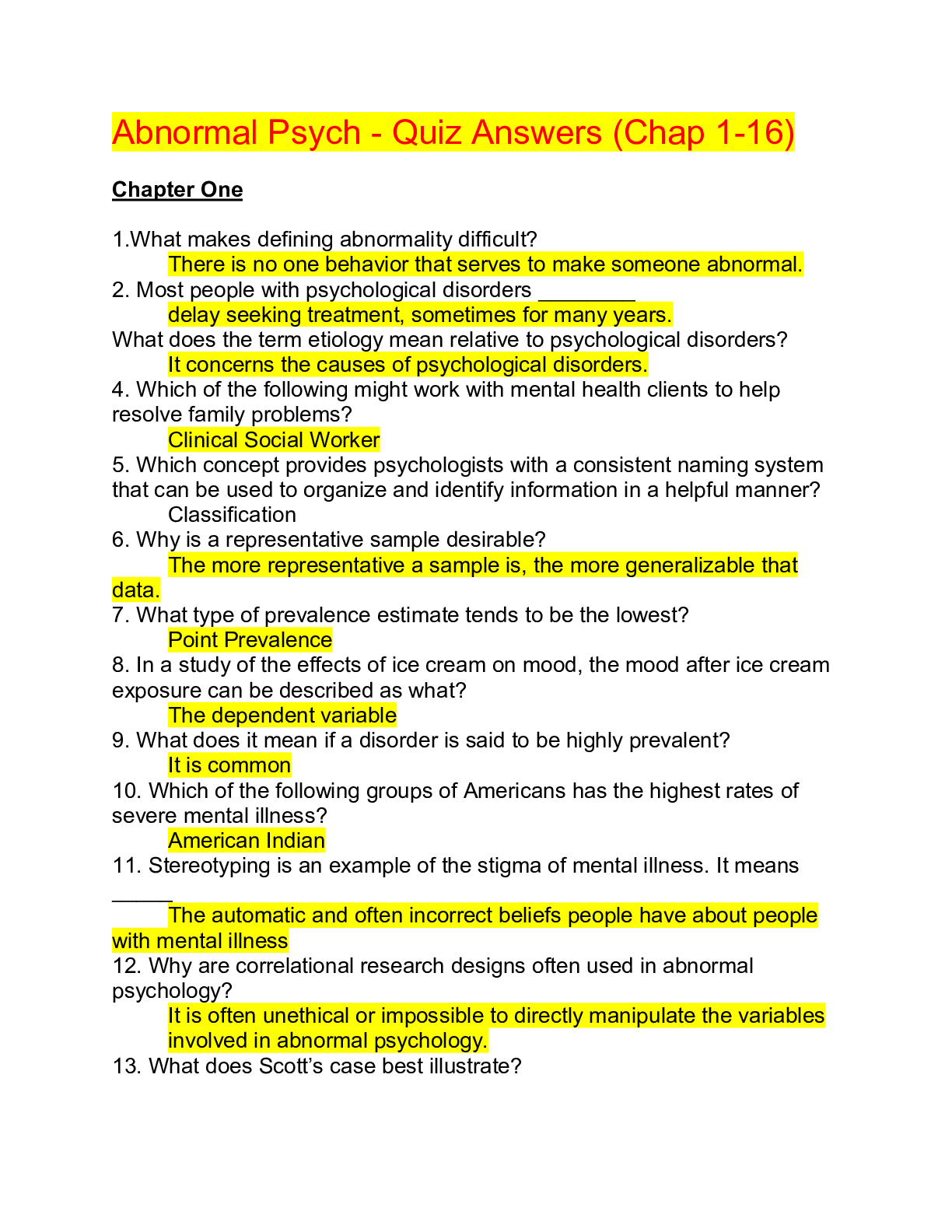 Preview image of Abnormal Psych - Quiz Answers (Chap 1-16),100% CORRECT document