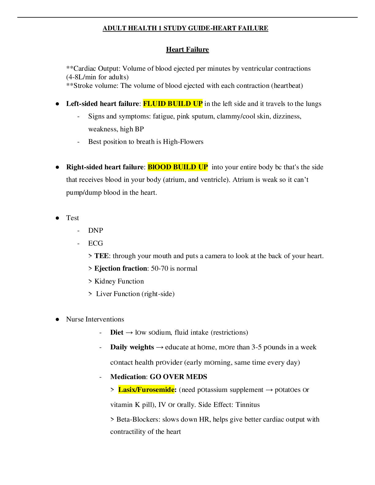 Preview image for ADULT HEALTH 1 STUDY GUIDE-HEART FAILURE