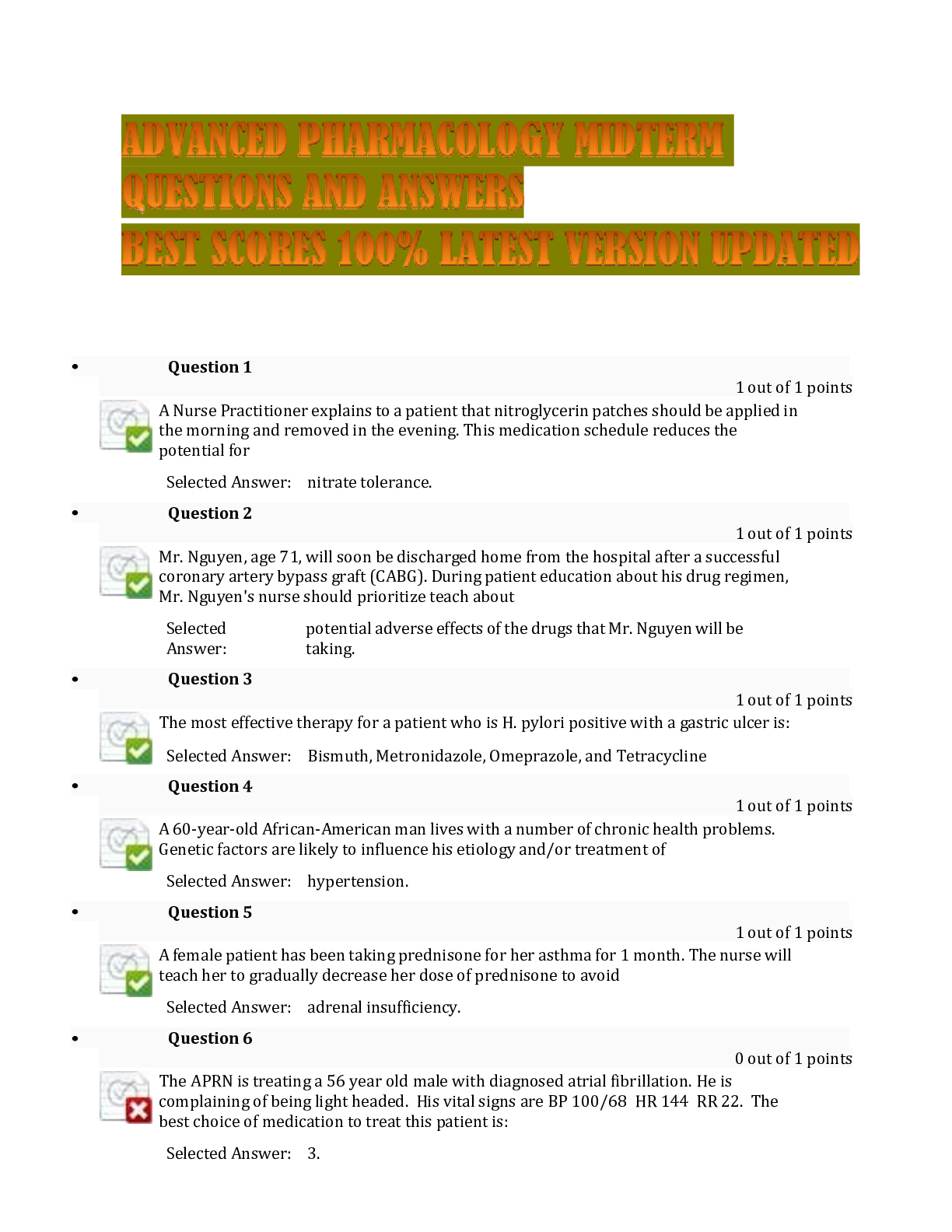 Preview of ADVANCED PHARMACOLOGY MIDTERM QUESTIONS AND ANSWERS BEST SCORES 100% LATEST VERSION UPDATE