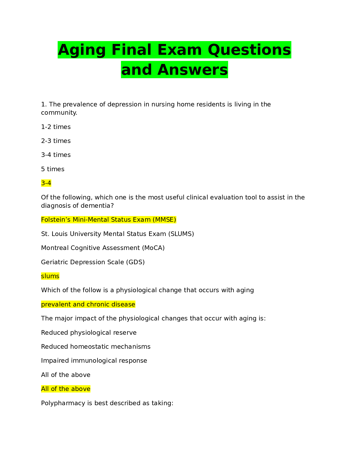 Preview image for Aging Final Exam Questions and Answers