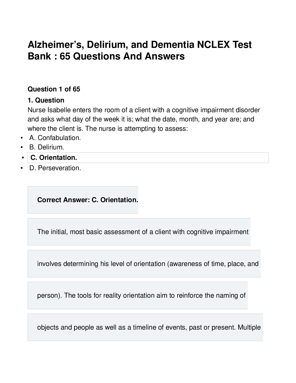 Preview image for Alzheimer’s, Delirium, and Dementia NCLEX Test Bank : 65 Questions And Answers
