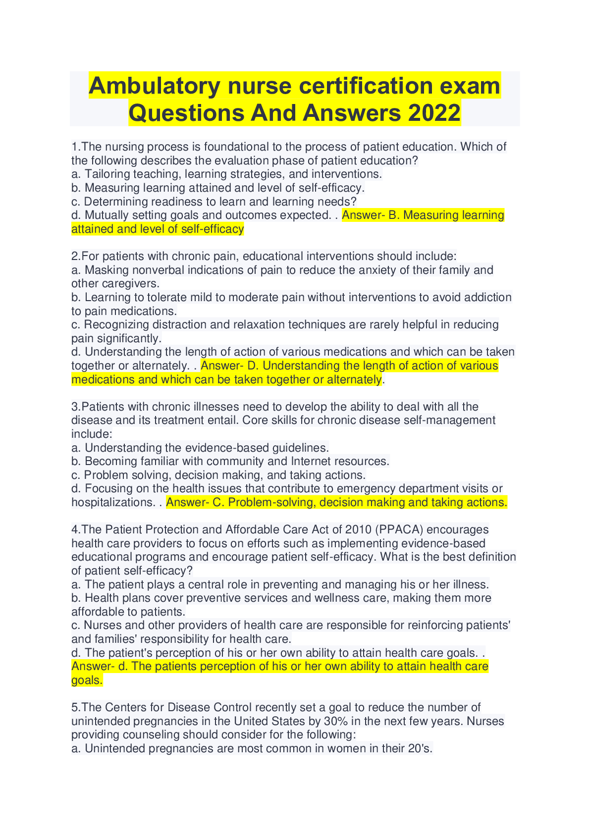 Ambulatory nurse certification exam Questions And Answers 2022