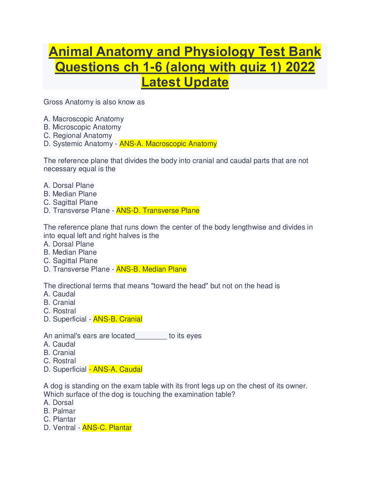 Animal Anatomy and Physiology Test Bank Questions ch 1-6 (along with ...