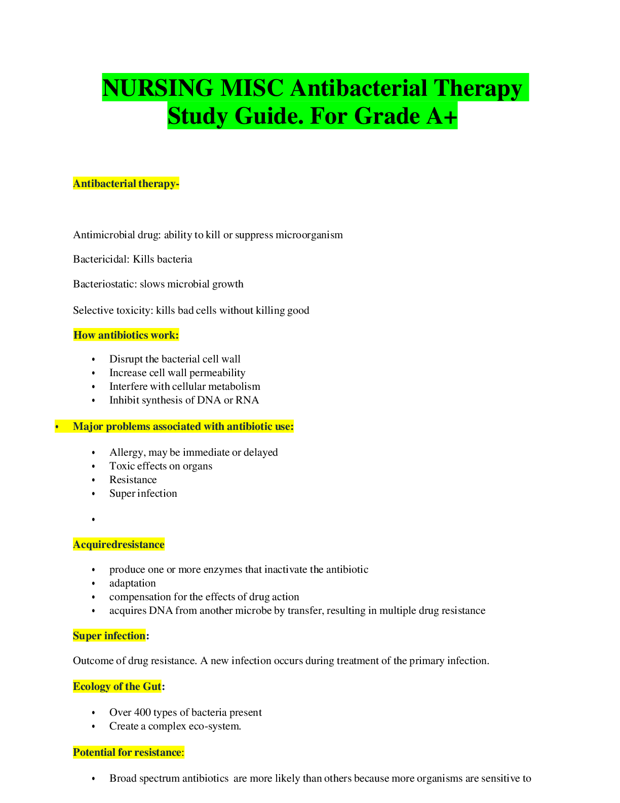 Preview image of NURSING MISC Antibacterial Therapy Study Guide. Grade A+ document