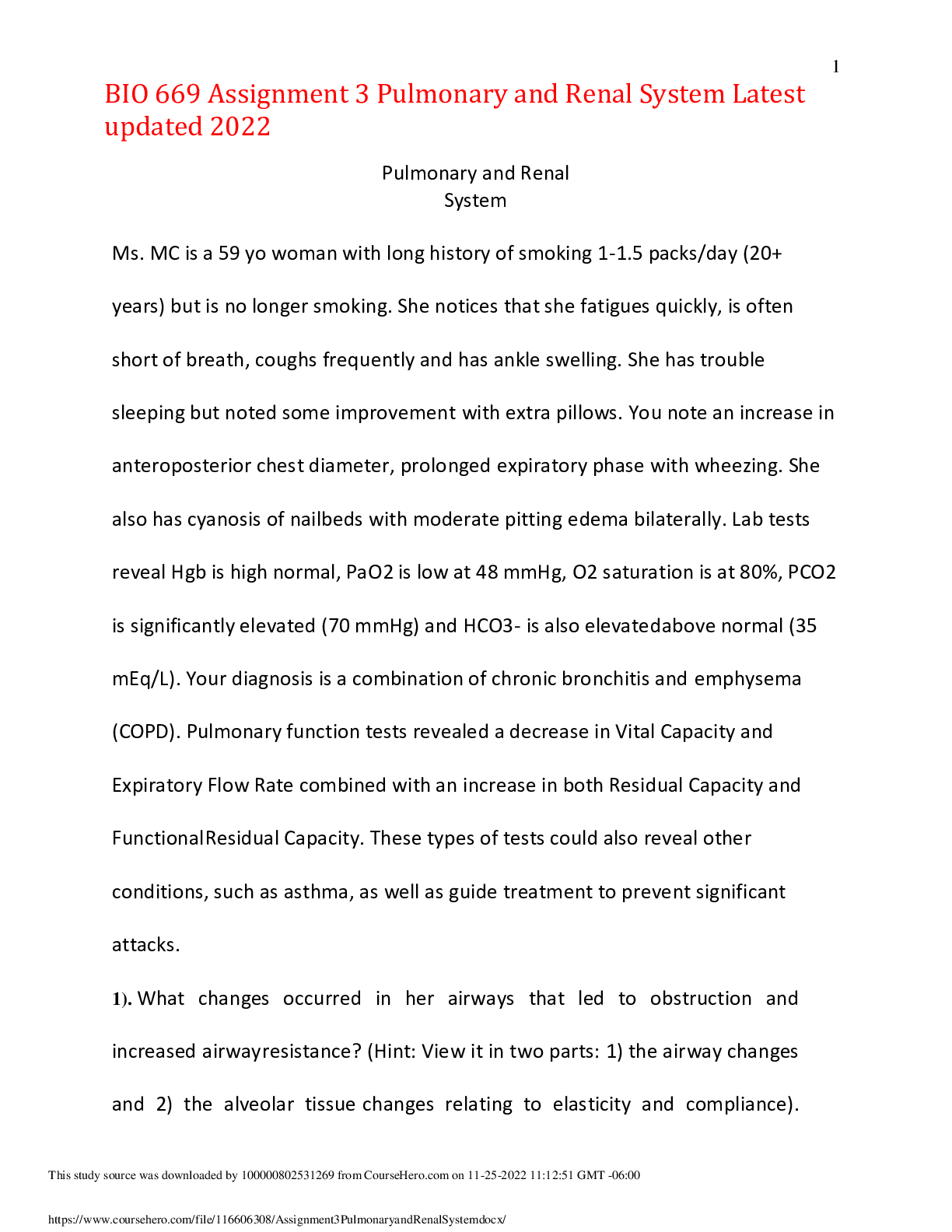 Preview of BIO 669 Assignment 3 Pulmonary and Renal System Latest updated 2022,100% CORRECT