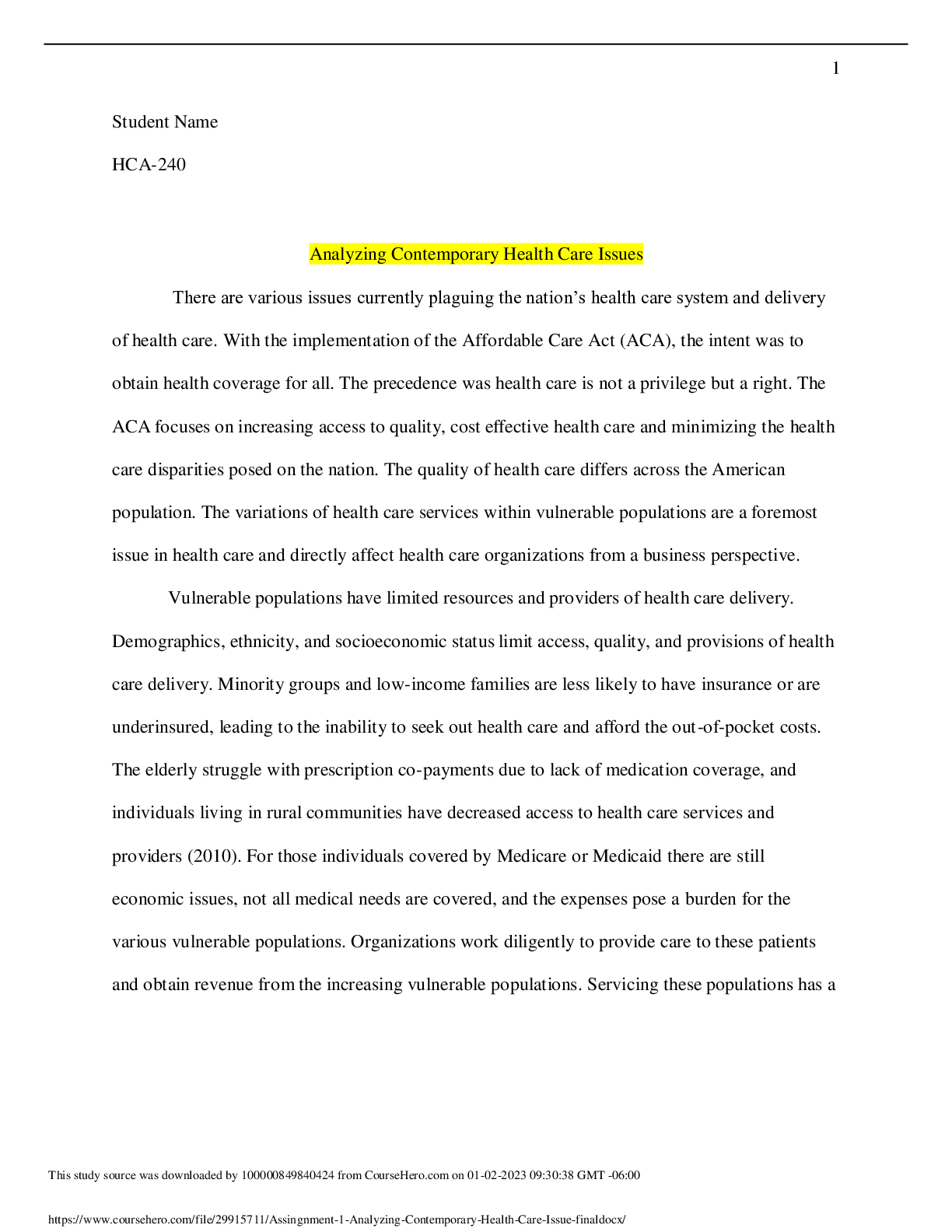 Preview image for HCA 240 Assignment 1, Analyzing a Contemporary Health Care Issue (GRADED A)