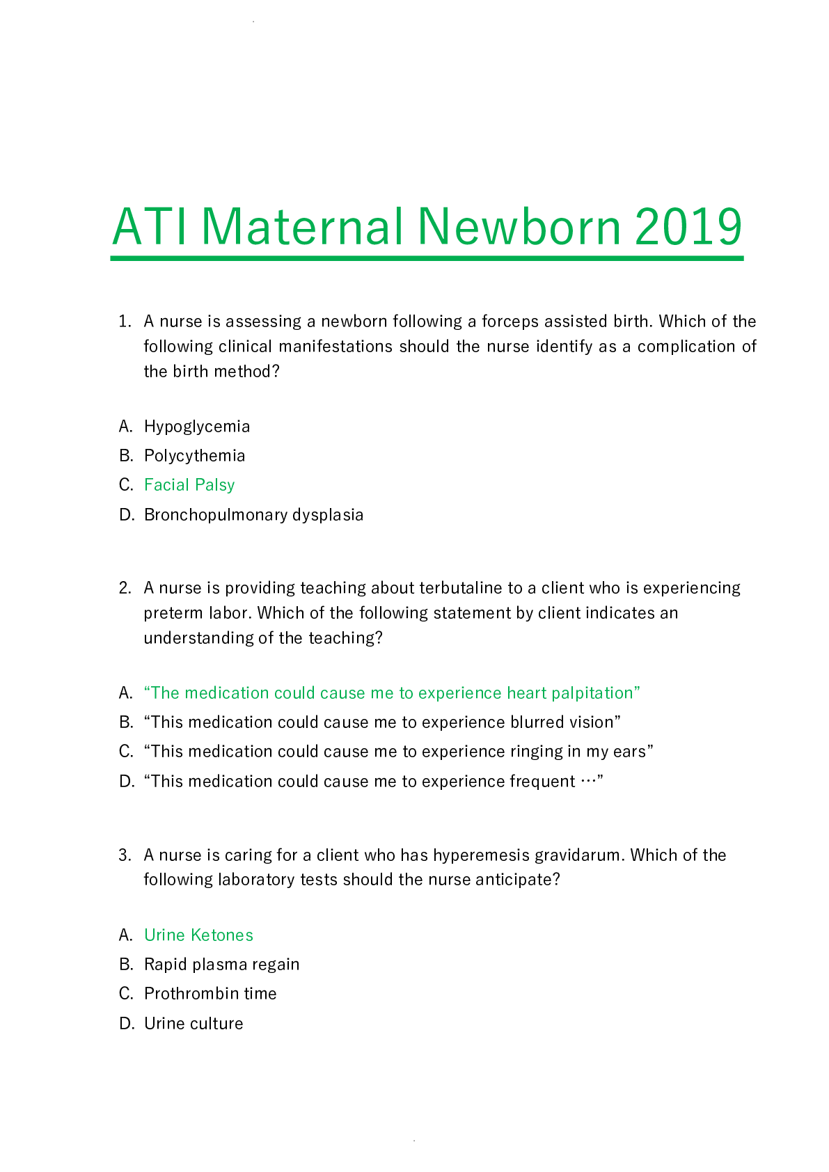Preview image of Ati Maternal Newborn proctored 2019 document