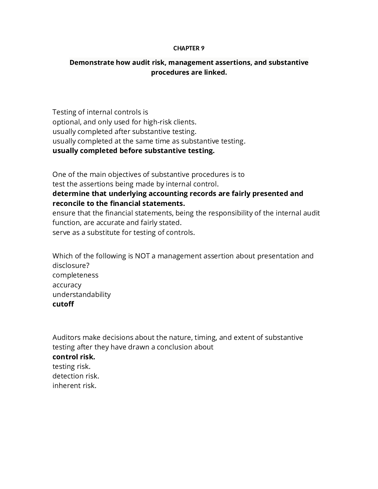 Preview image of CHAPTER 9 Demonstrate how audit risk, management assertions, and substantive procedures are linked. document